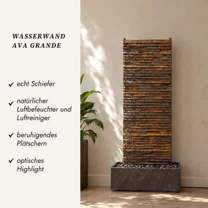AVA GRANDE Wasserwand aus Schiefer Rusty mit Übersicht der Vorteile: echt Schiefer, natürlicher Luftbefeuchter, beruhigendes Plätschern, optisches Highlight - CLIMAQUA (KI-Inhalte)