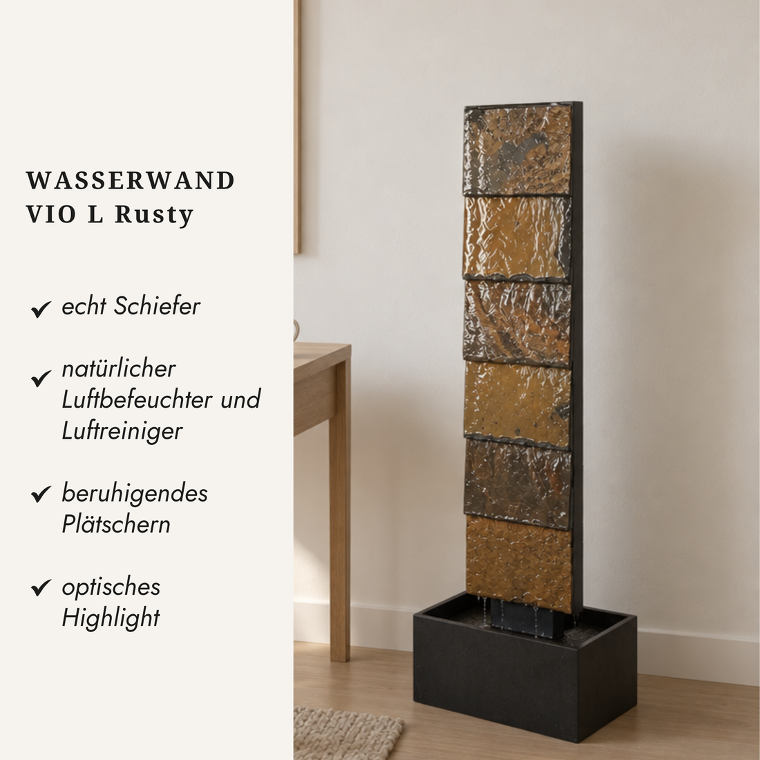 VIO L Rusty Wasserwand aus Schiefer mit Übersicht der Vorteile: echt Schiefer, natürlicher Luftbefeuchter, beruhigendes Plätschern, optisches Highlight - CLIMAQUA (KI-Inhalte)