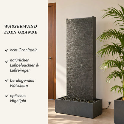 EDEN GRANDE Wasserwand aus Granitstein mit Übersicht der Vorteile: echt Granitstein, natürlicher Luftbefeuchter, beruhigendes Plätschern, optisches Highlight - CLIMAQUA (KI-Inhalte)