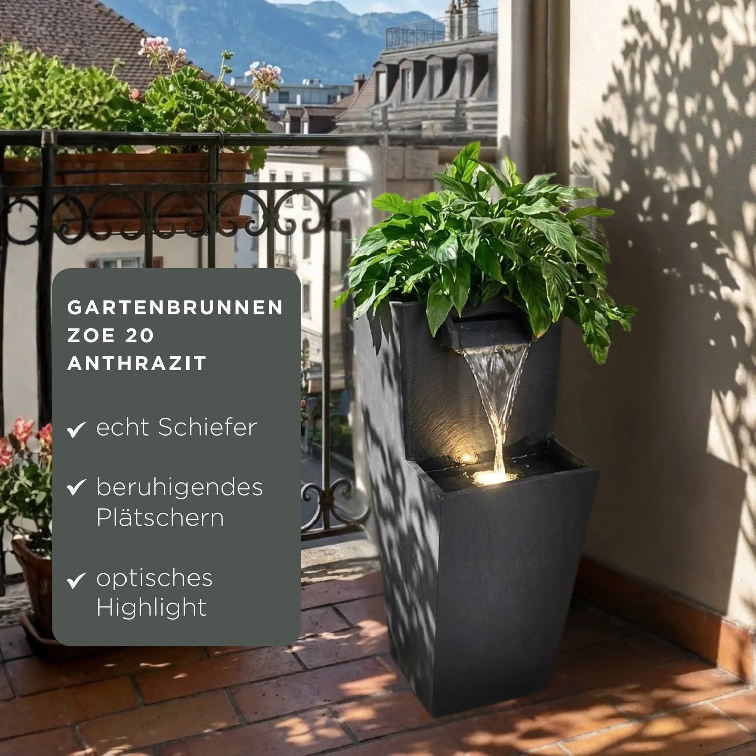 ZOE 20 Anthrazit – Gartenbrunnen mit Pflanzgefäss Wasserfall aus Naturschiefer Schwarz mit LED-Beleuchtung 28 x 21 x 53 cm 15 kg - CLIMAQUA