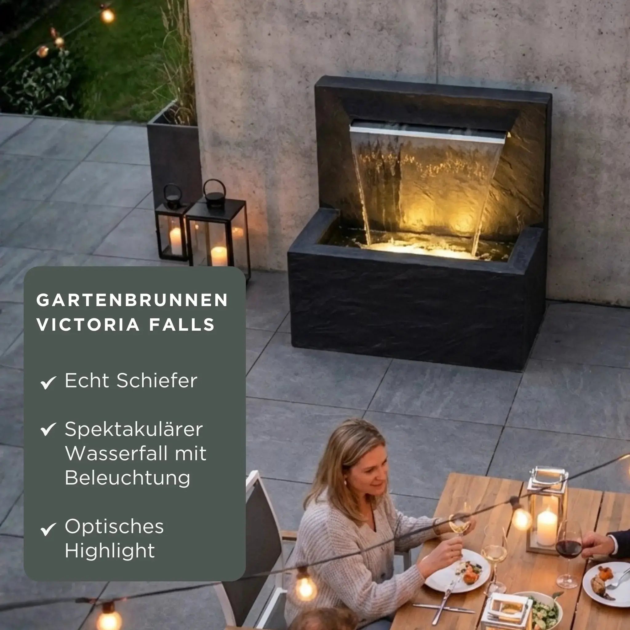 VICTORIA Falls – Edler Schiefer Gartenbrunnen mit Wasserfall und Beleuchtung (90 × 50 × 90 cm) - CLIMAQUA