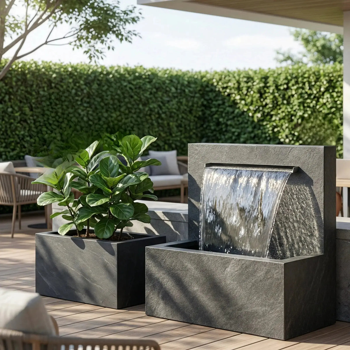 VICTORIA Falls – Edler Schiefer Gartenbrunnen mit Wasserfall und Beleuchtung (90 × 50 × 90 cm) - CLIMAQUA