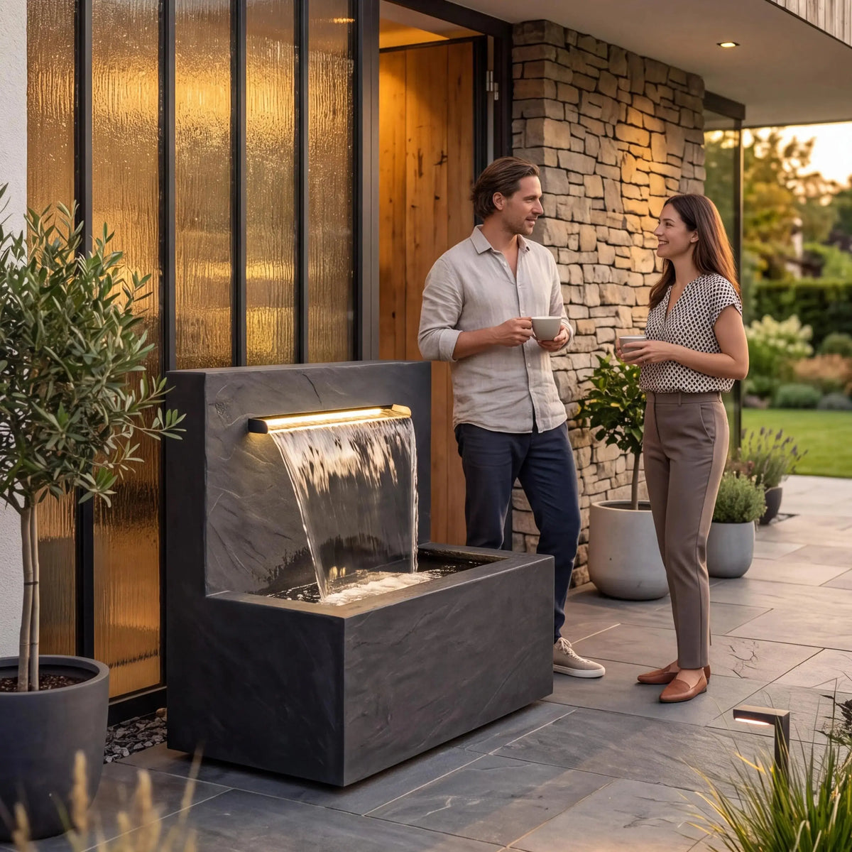 VICTORIA Falls – Schiefer Gartenbrunnen mit beleuchtetem Wasserfall 90×50×90 cm - CLIMAQUA