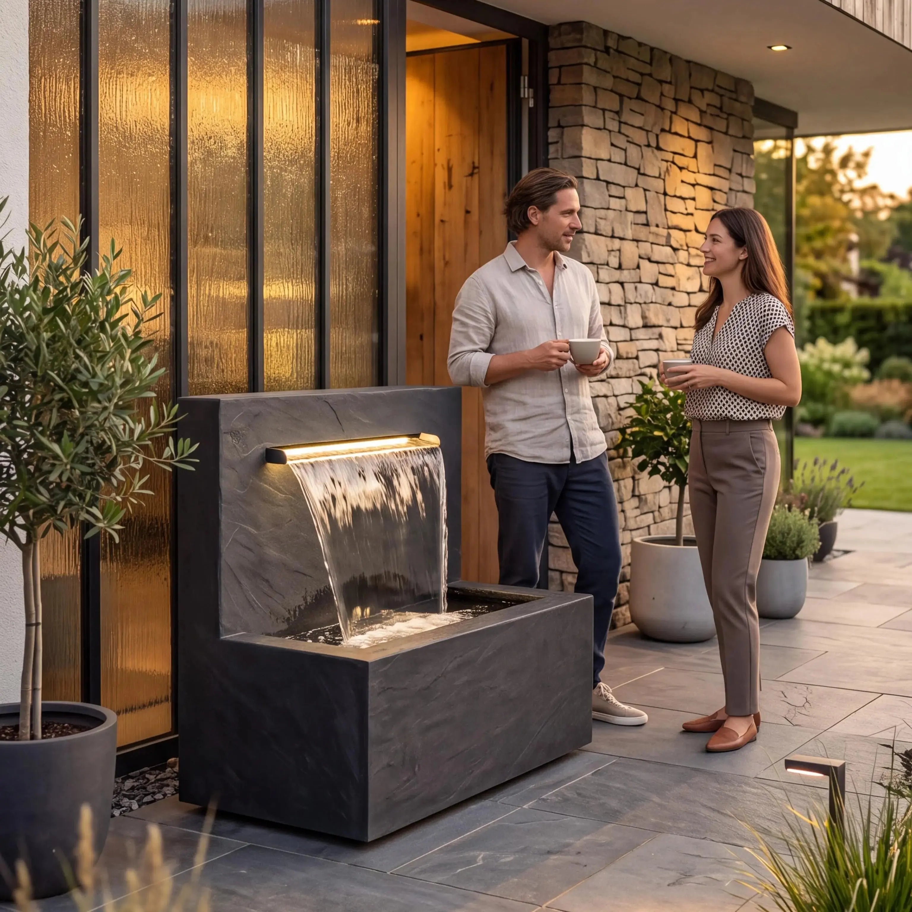 VICTORIA Falls – Schiefer Gartenbrunnen mit beleuchtetem Wasserfall 90×50×90 cm - CLIMAQUA
