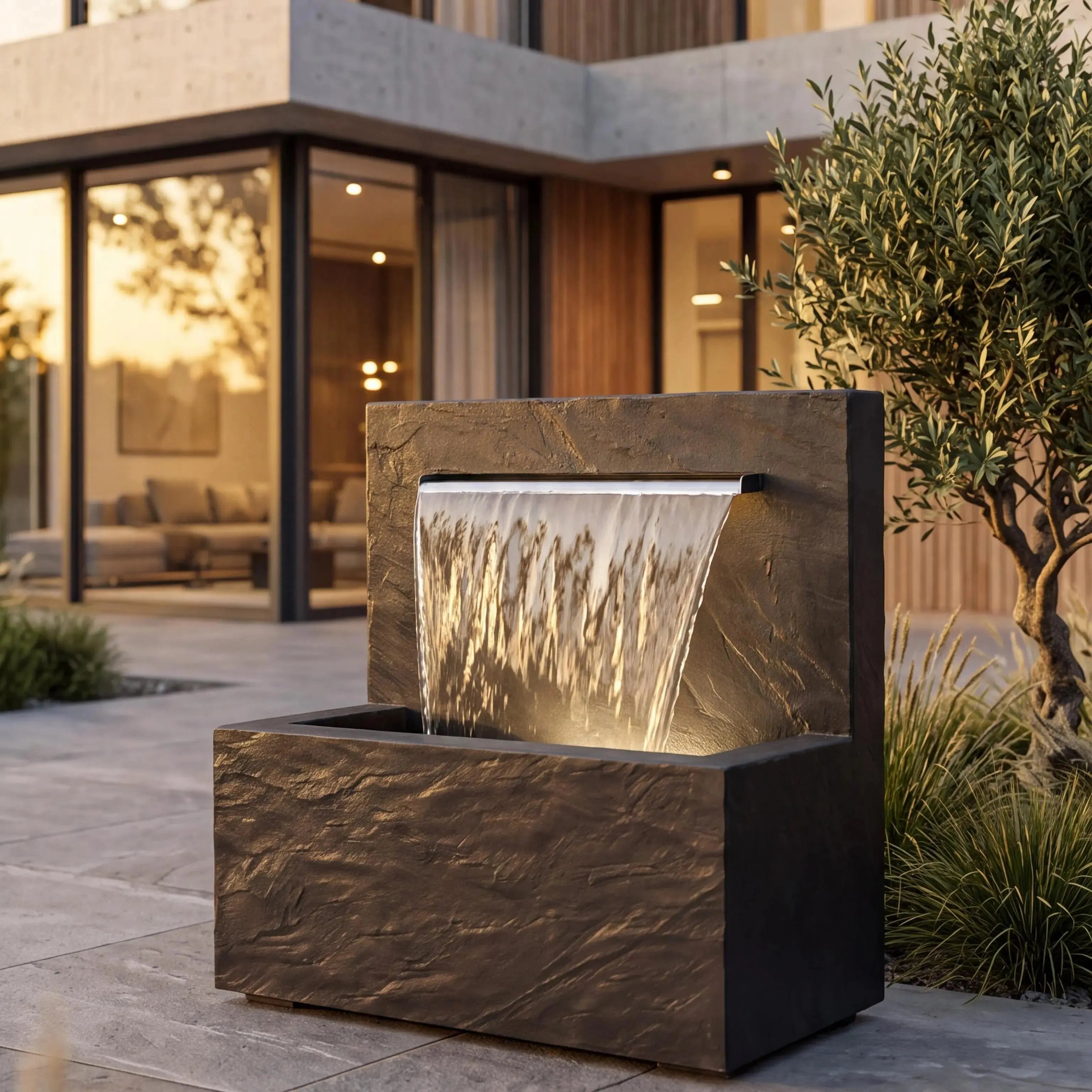 VICTORIA Falls – Schiefer Gartenbrunnen mit beleuchtetem Wasserfall 90×50×90 cm - CLIMAQUA