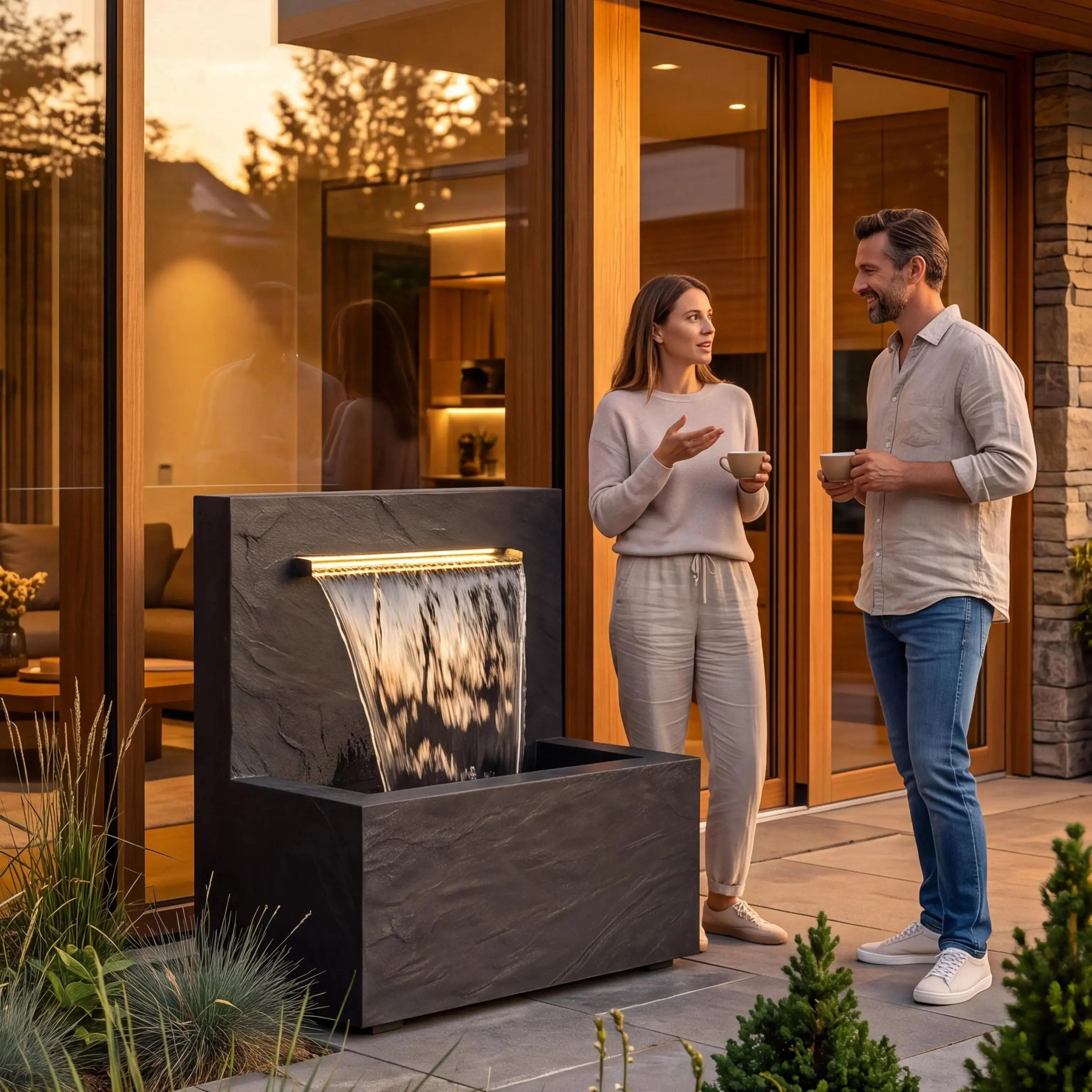 VICTORIA Falls – Schiefer Gartenbrunnen mit beleuchtetem Wasserfall 90×50×90 cm - CLIMAQUA