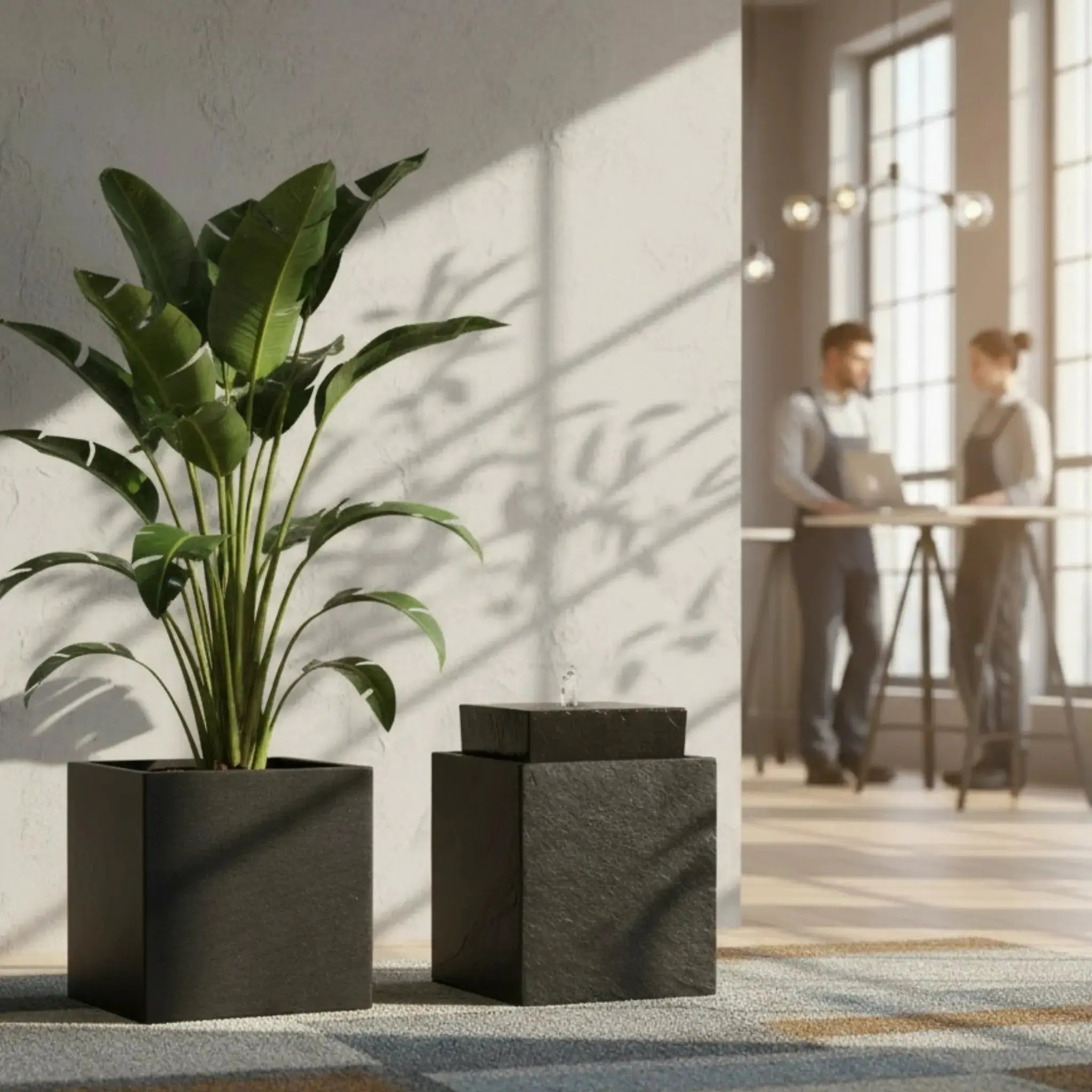 VIDA 40 Anthrazit – stilvoller Würfelbrunnen schwarz, Naturschiefer, Vogeltränke, dezentes Licht, 38 x 38 x 48 cm, 36 kg - CLIMAQUA