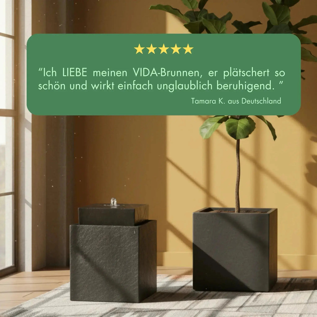 VIDA 40 Anthrazit – stilvoller Würfelbrunnen schwarz, Naturschiefer, Vogeltränke, dezentes Licht, 38 x 38 x 48 cm, 36 kg - CLIMAQUA (KI-Inhalte)