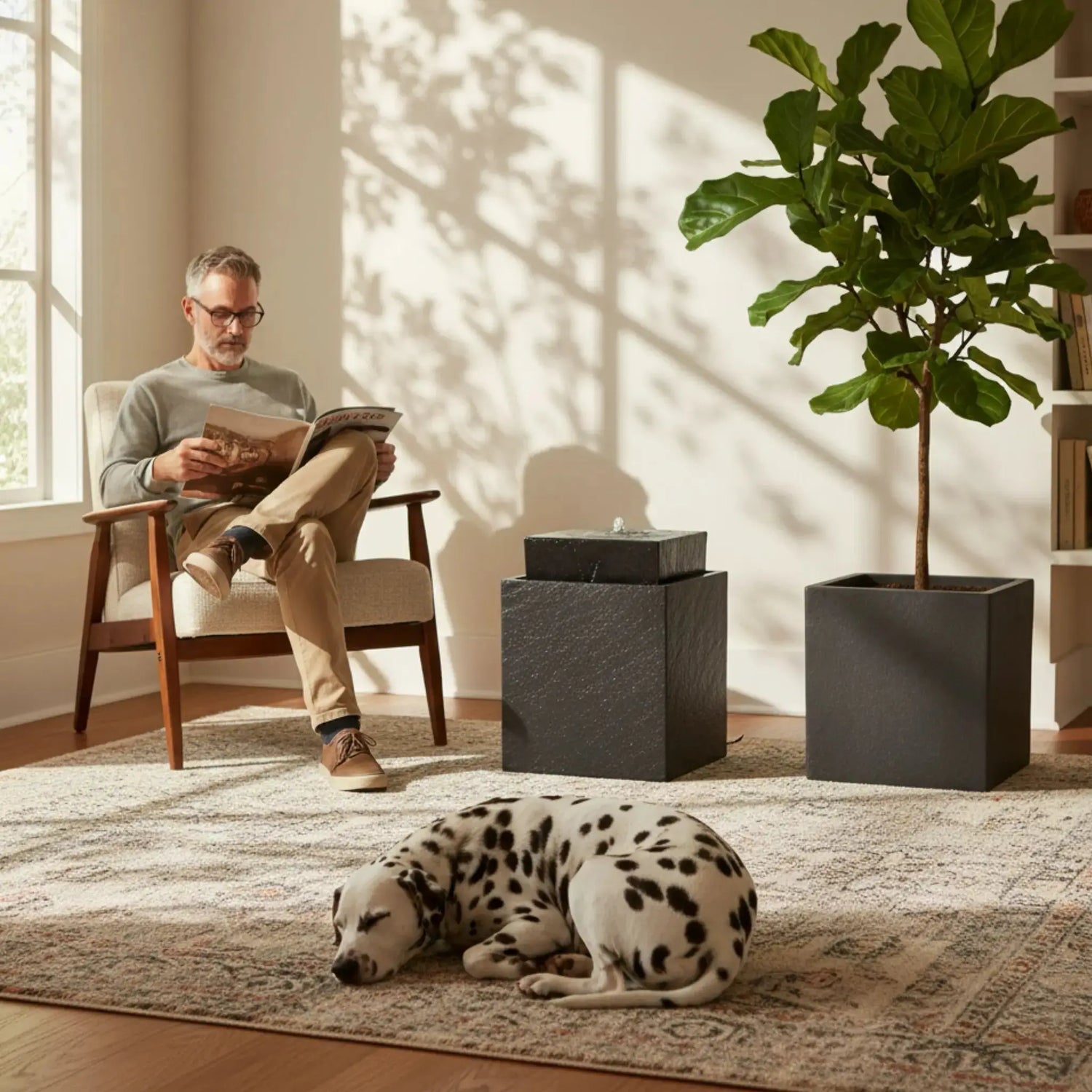 VIDA 40 Anthrazit – stilvoller Würfelbrunnen schwarz, Naturschiefer, Vogeltränke, dezentes Licht, 38 x 38 x 48 cm, 36 kg - CLIMAQUA