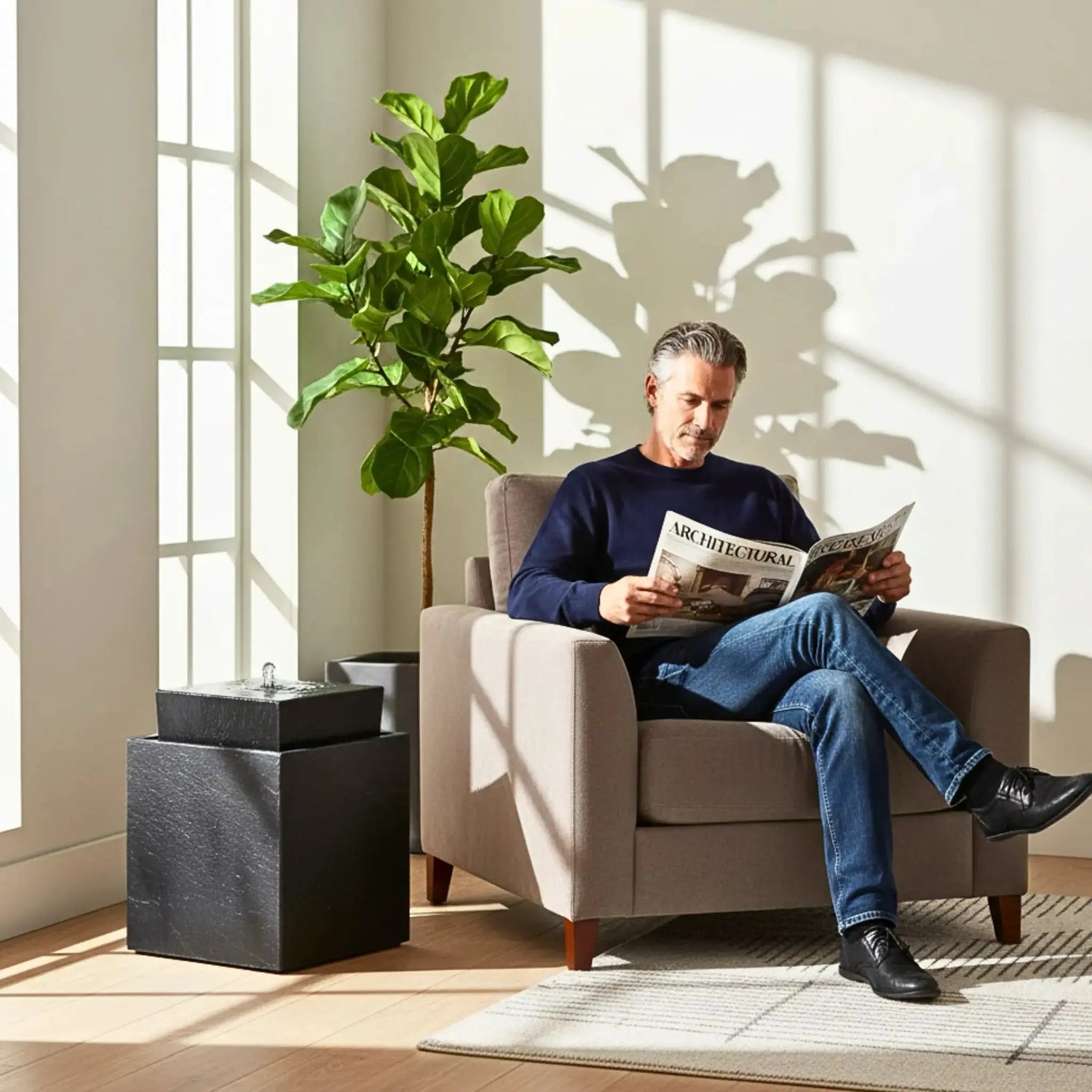 VIDA 40 Anthrazit – stilvoller Würfelbrunnen schwarz, Naturschiefer, Vogeltränke, dezentes Licht, 38 x 38 x 48 cm, 36 kg - CLIMAQUA