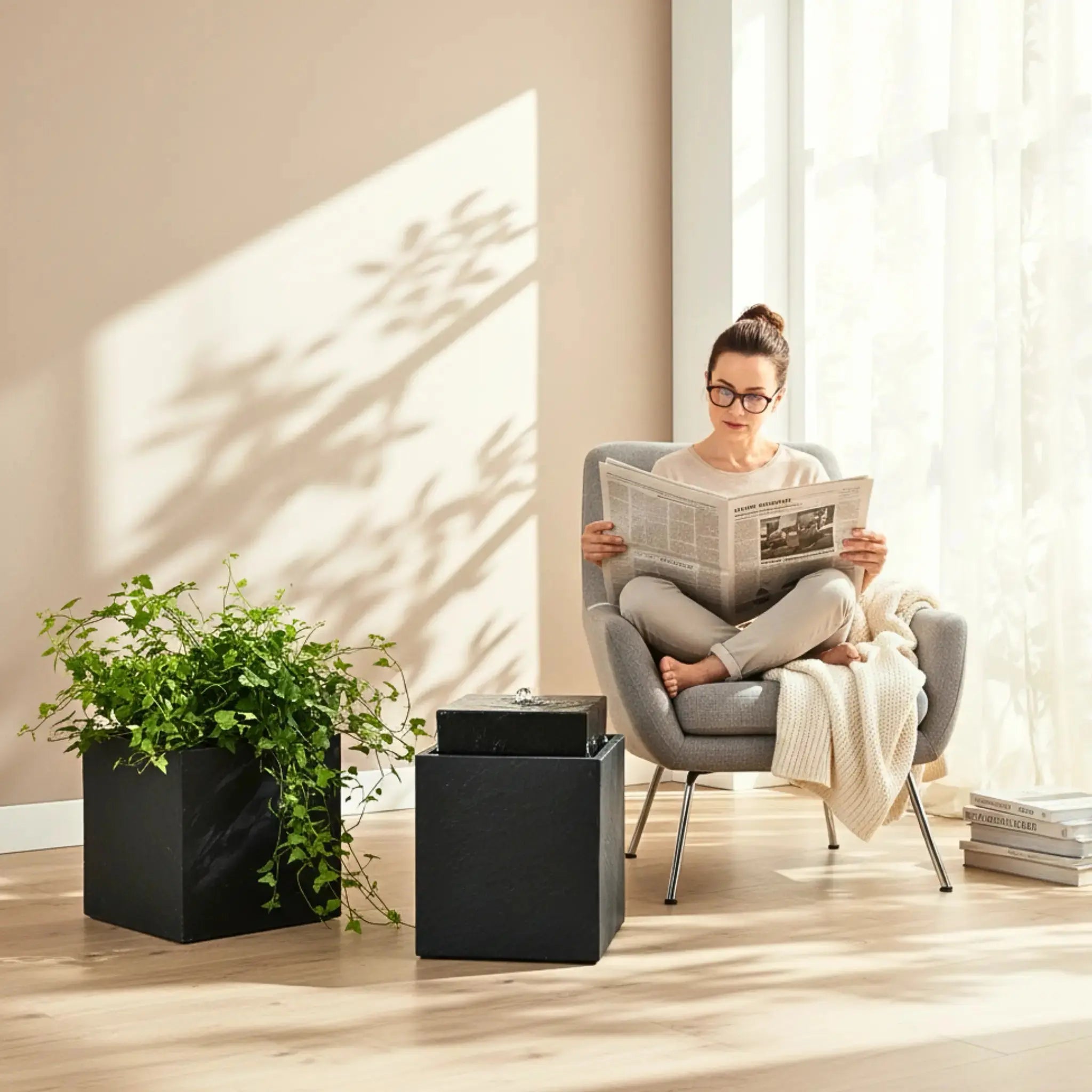 VIDA 40 Anthrazit – stilvoller Würfelbrunnen schwarz, Naturschiefer, Vogeltränke, dezentes Licht, 38 x 38 x 48 cm, 36 kg - CLIMAQUA