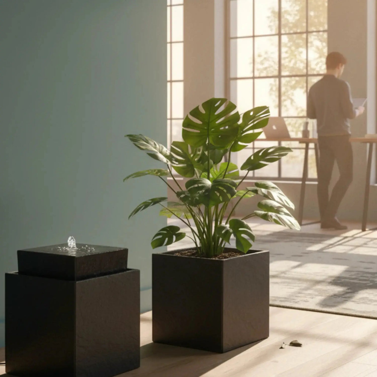 VIDA 40 Anthrazit – stilvoller Würfelbrunnen schwarz, Naturschiefer, Vogeltränke, dezentes Licht, 38 x 38 x 48 cm, 36 kg - CLIMAQUA