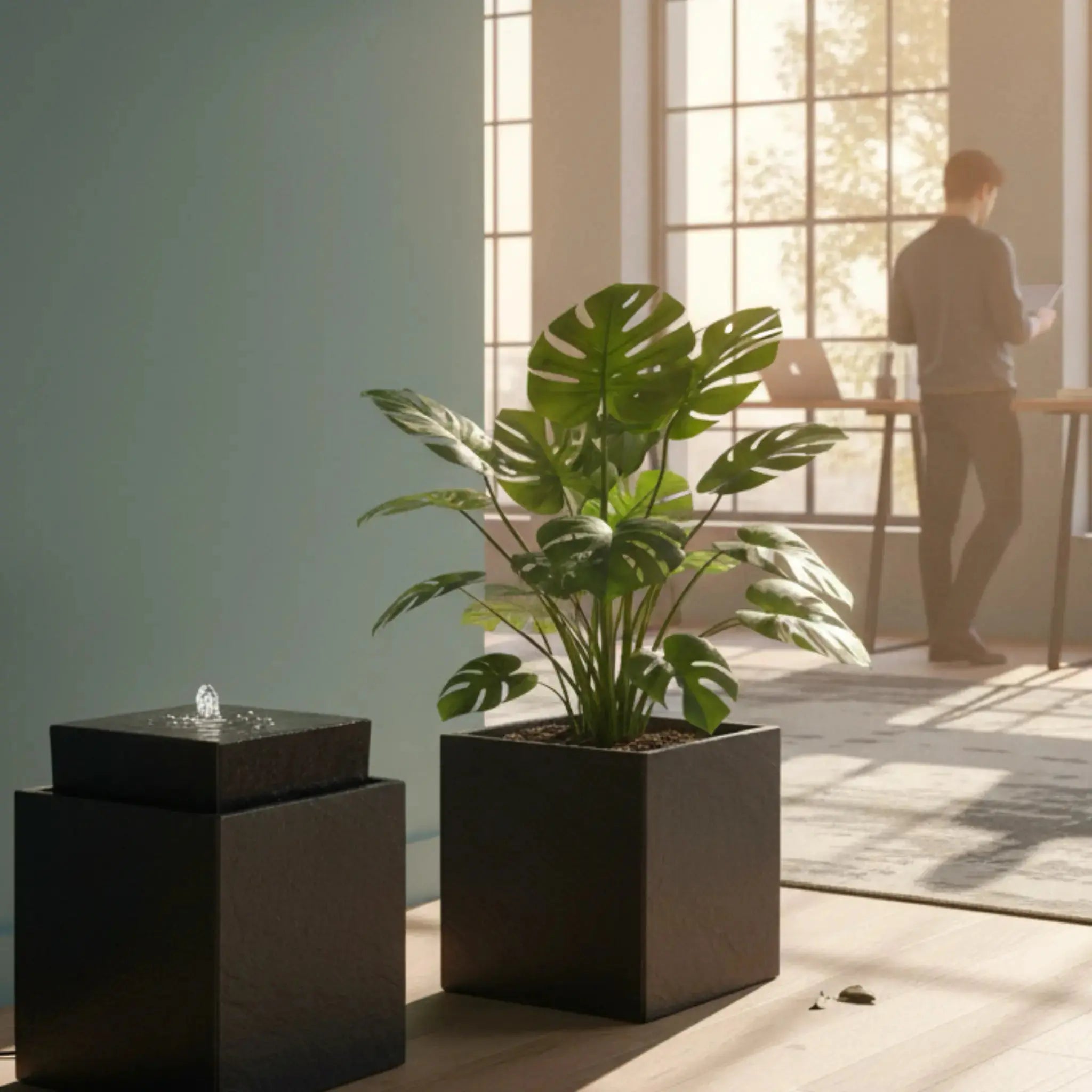 VIDA 40 Anthrazit – stilvoller Würfelbrunnen schwarz, Naturschiefer, Vogeltränke, dezentes Licht, 38 x 38 x 48 cm, 36 kg - CLIMAQUA