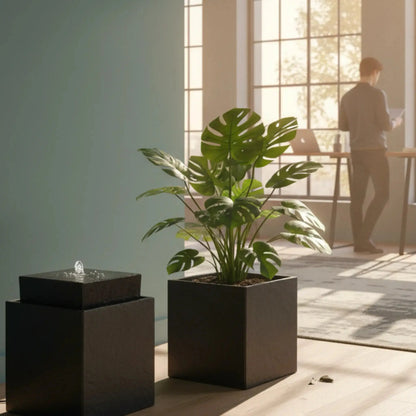 VIDA 40 Anthrazit – stilvoller Würfelbrunnen schwarz, Naturschiefer, Vogeltränke, dezentes Licht, 38 x 38 x 48 cm, 36 kg - CLIMAQUA