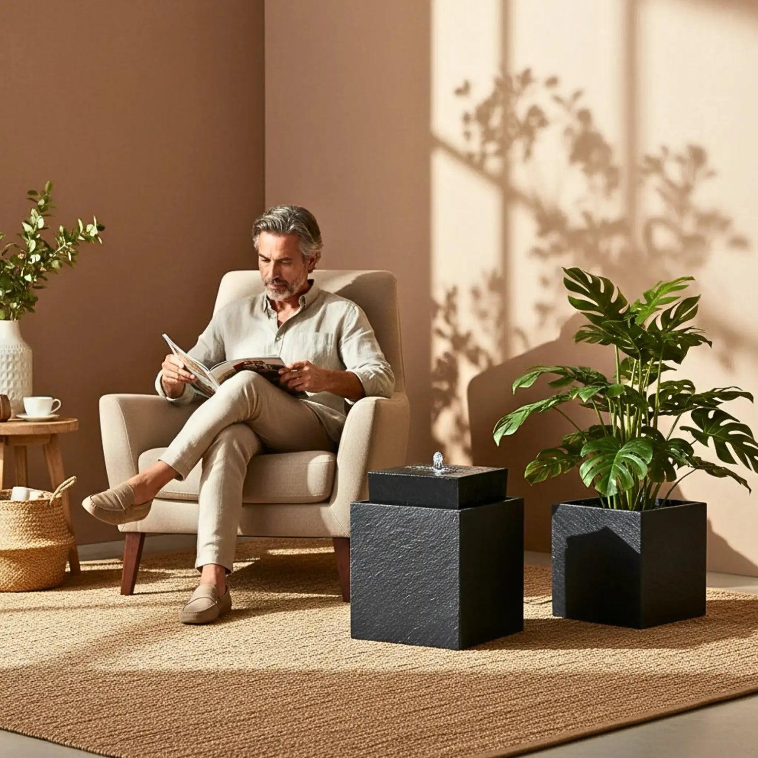 VIDA 40 Anthrazit – stilvoller Würfelbrunnen schwarz, Naturschiefer, Vogeltränke, dezentes Licht, 38 x 38 x 48 cm, 36 kg - CLIMAQUA