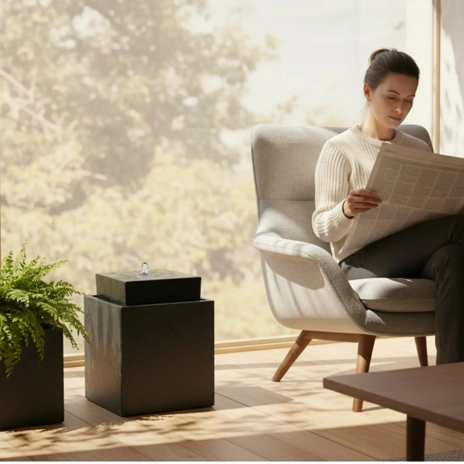 VIDA 40 Anthrazit – stilvoller Würfelbrunnen schwarz, Naturschiefer, Vogeltränke, dezentes Licht, 38 x 38 x 48 cm, 36 kg - CLIMAQUA