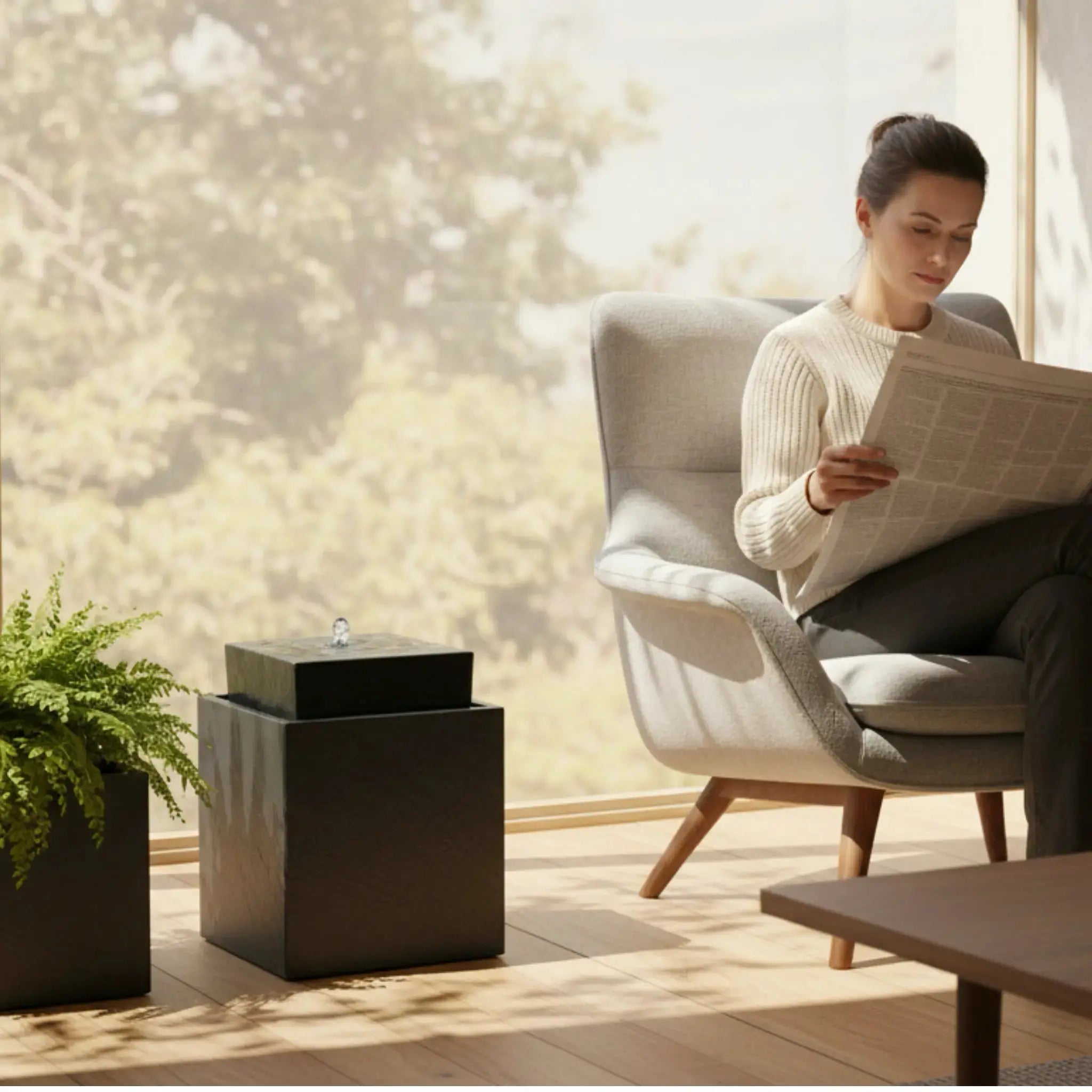 VIDA 40 Anthrazit – stilvoller Würfelbrunnen schwarz, Naturschiefer, Vogeltränke, dezentes Licht, 38 x 38 x 48 cm, 36 kg - CLIMAQUA