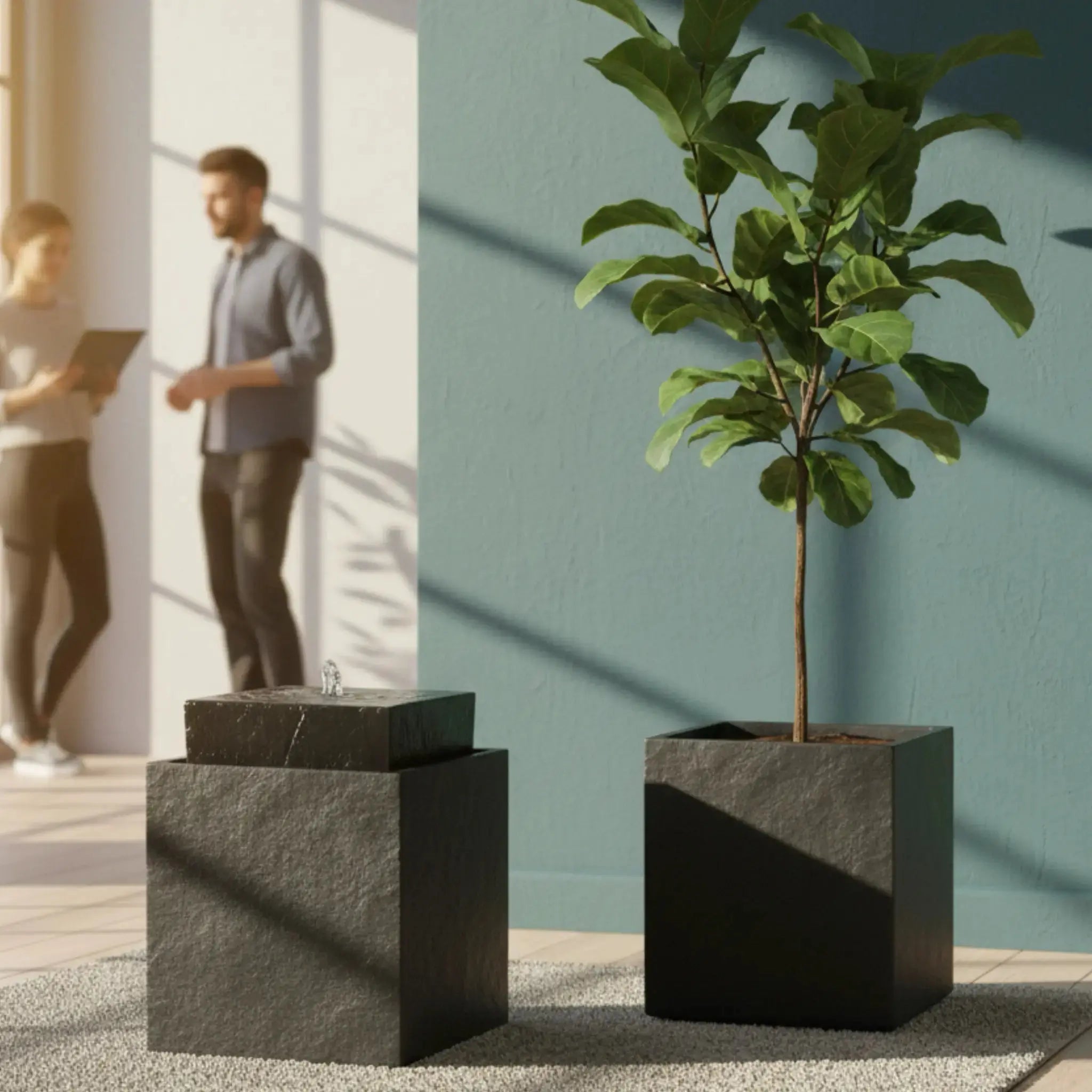 VIDA 40 Anthrazit – stilvoller Würfelbrunnen schwarz, Naturschiefer, Vogeltränke, dezentes Licht, 38 x 38 x 48 cm, 36 kg - CLIMAQUA