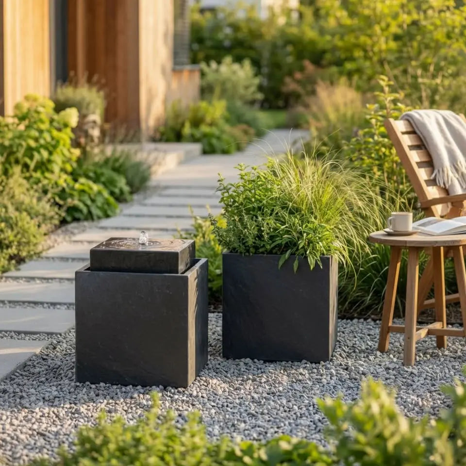 VIDA 40 Anthrazit – stilvoller Würfelbrunnen schwarz, Naturschiefer, Vogeltränke, dezentes Licht, 38 x 38 x 48 cm, 36 kg - CLIMAQUA
