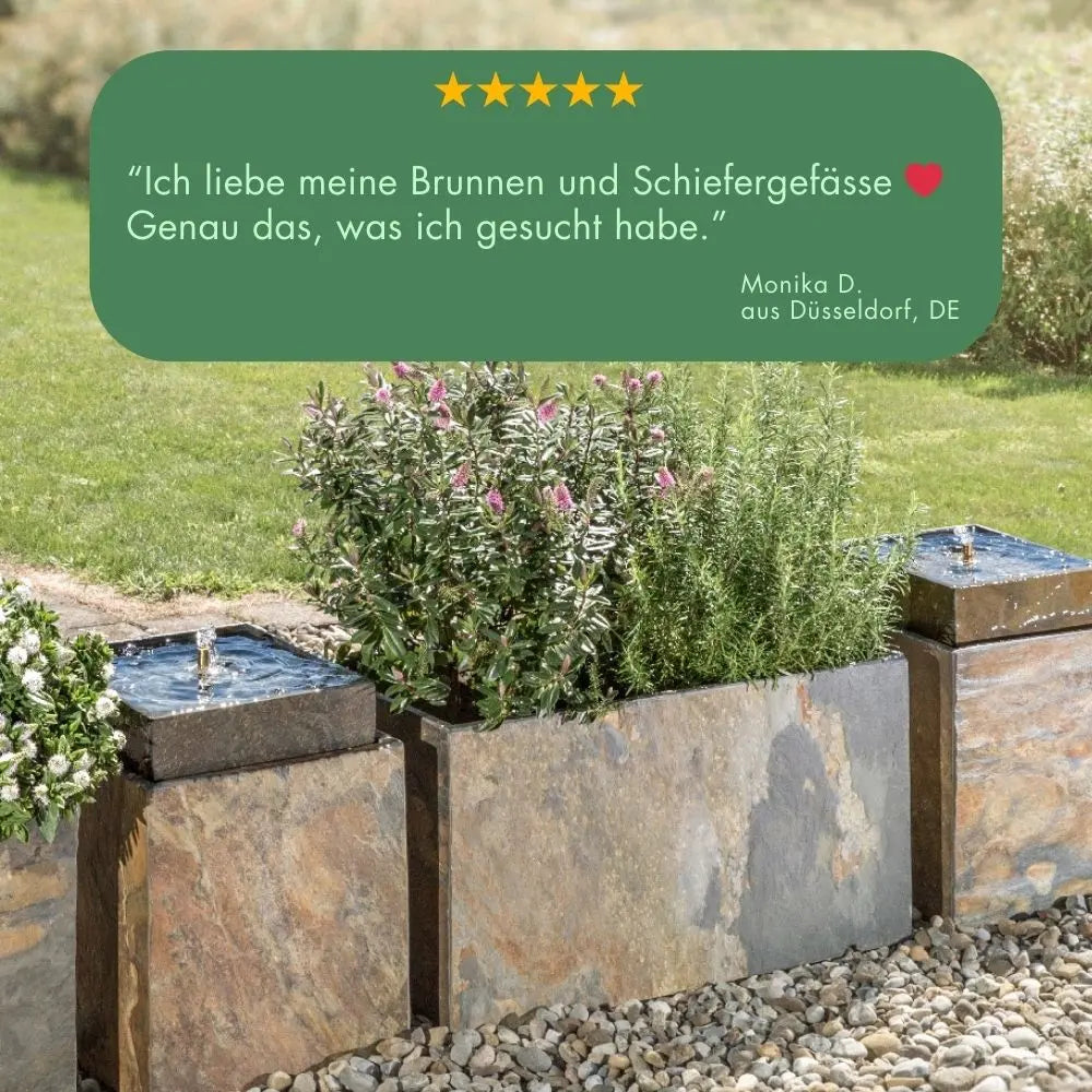 VIDA 40 Rusty – Springbrunnen edel eckig Naturschiefer Braun, Vogeltränke mit stimmungsvoller LED  38 x 38 x 48 cm, 36 kg - CLIMAQUA