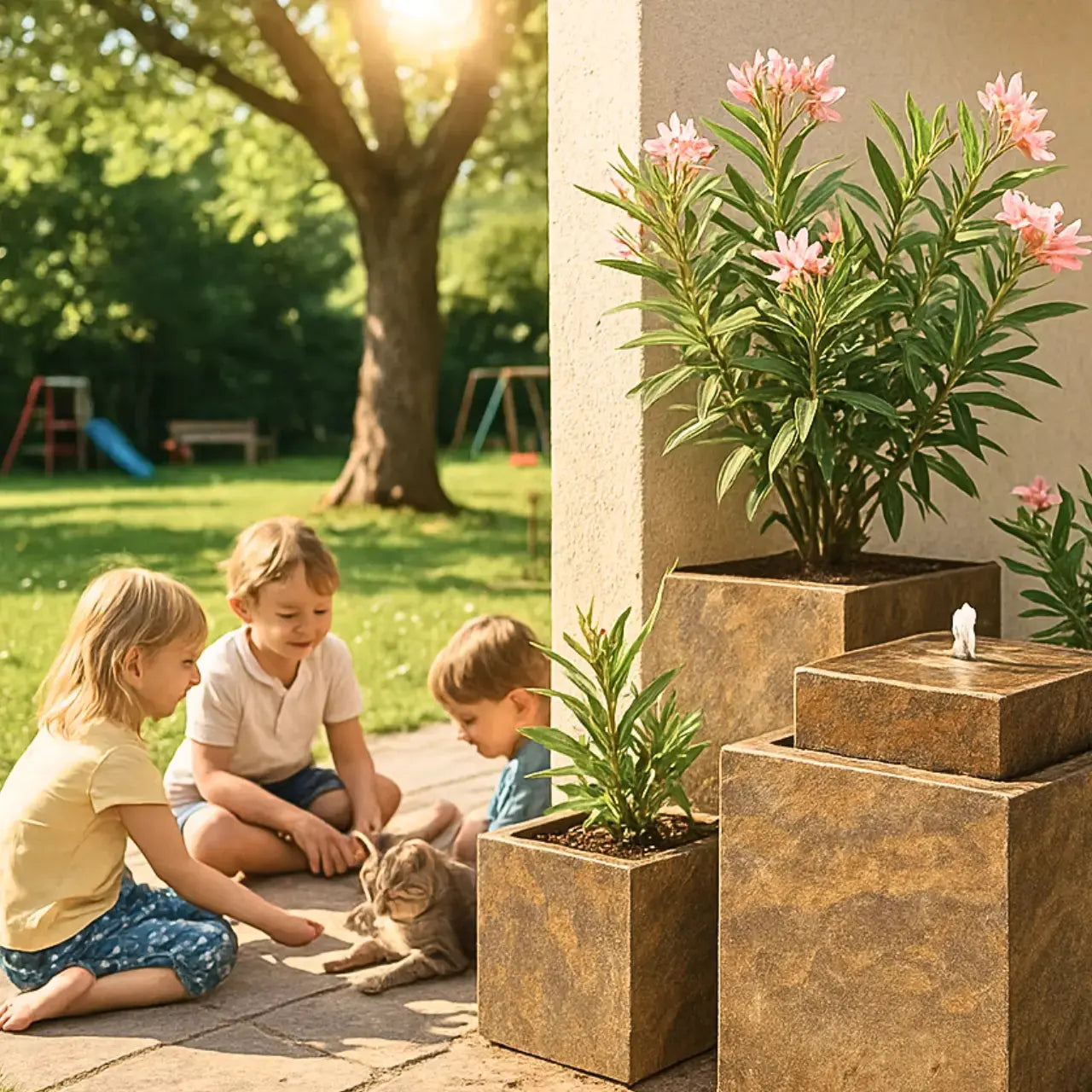VIDA 40 Rusty – Springbrunnen edel eckig Naturschiefer Braun, Vogeltränke, stimmungsvolle LED, 38 x 38 x 48 cm, 36 kg - CLIMAQUA