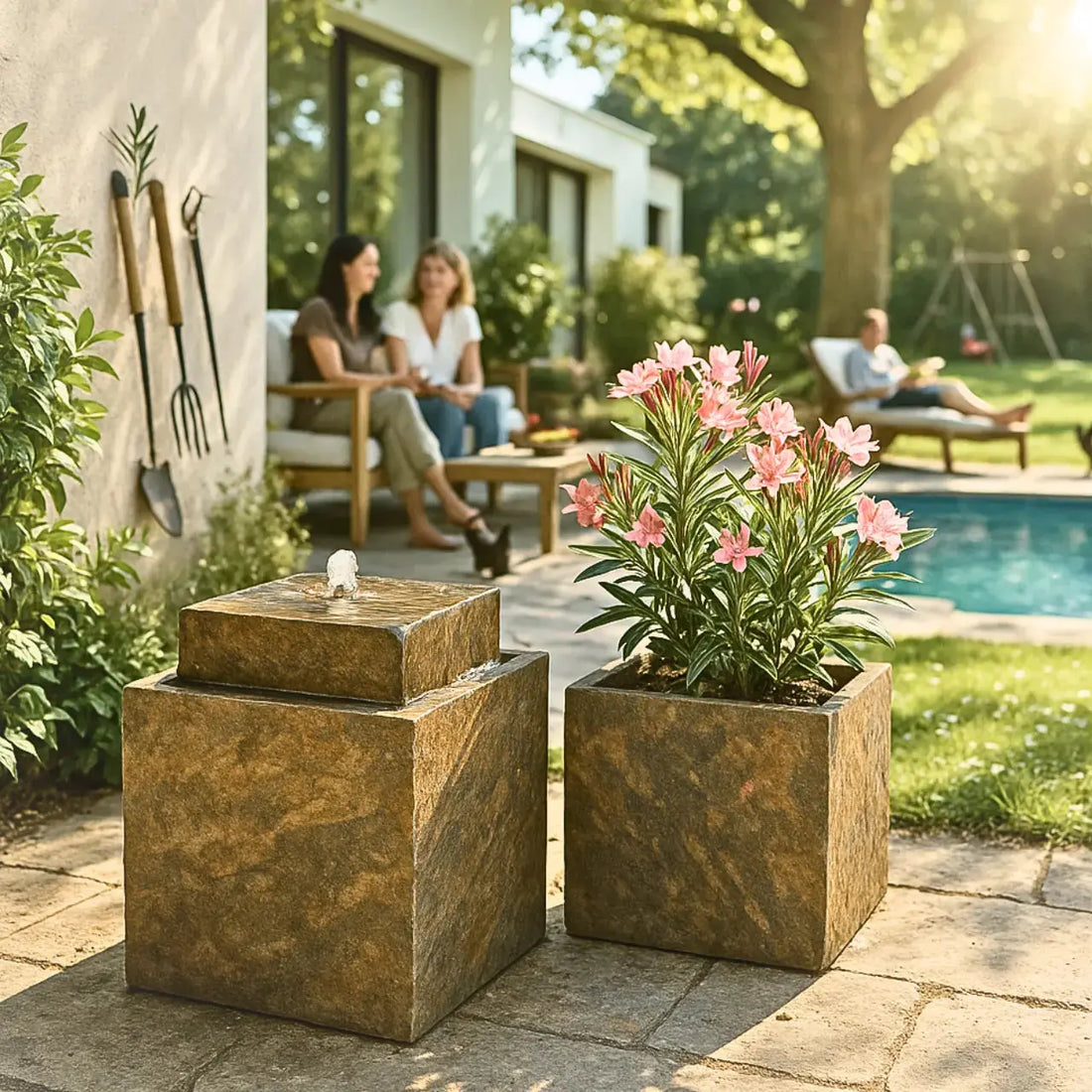 VIDA 40 Rusty – Springbrunnen edel eckig Naturschiefer Braun, Vogeltränke, stimmungsvolle LED, 38 x 38 x 48 cm, 36 kg - CLIMAQUA