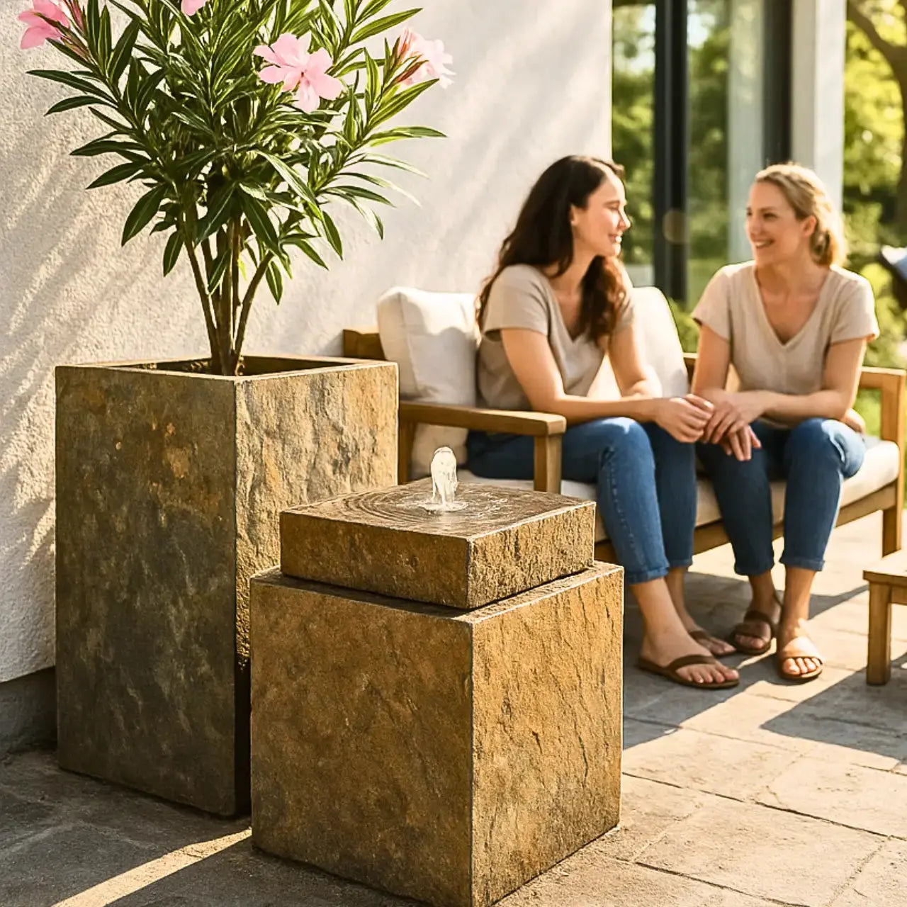 VIDA 40 Rusty – Springbrunnen edel eckig Naturschiefer Braun, Vogeltränke, stimmungsvolle LED, 38 x 38 x 48 cm, 36 kg - CLIMAQUA
