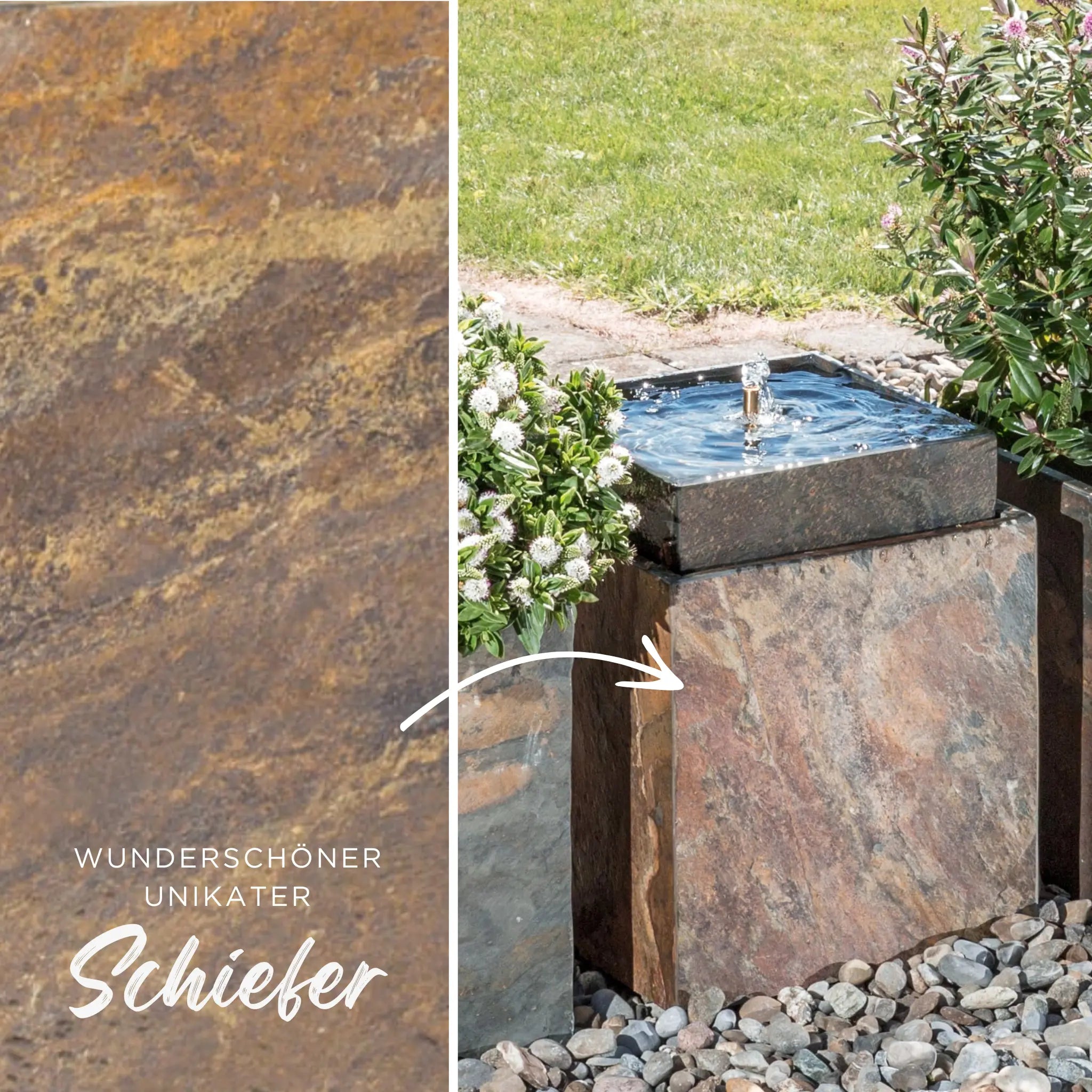 VIDA 40 Rusty – Springbrunnen edel eckig Naturschiefer Braun, Vogeltränke, stimmungsvolle LED, 38 x 38 x 48 cm, 36 kg - CLIMAQUA