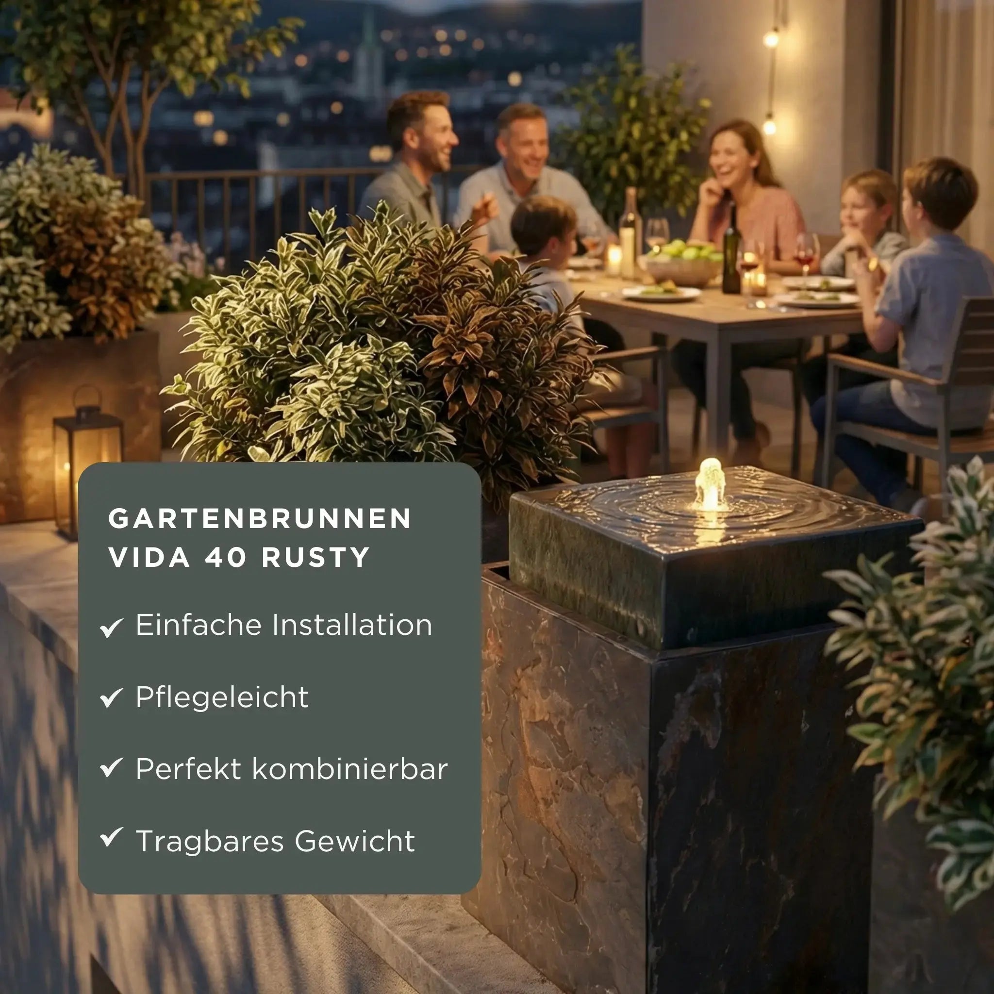 VIDA 40 Rusty – Springbrunnen edel eckig Naturschiefer Braun, Vogeltränke, stimmungsvolle LED, 38 x 38 x 48 cm, 36 kg - CLIMAQUA