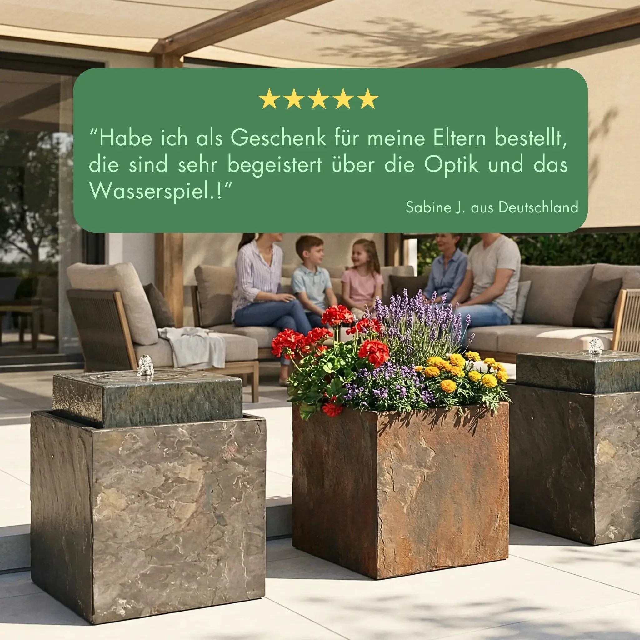 VIDA 40 Rusty – Springbrunnen edel eckig Naturschiefer Braun, Vogeltränke, stimmungsvolle LED, 38 x 38 x 48 cm, 36 kg - CLIMAQUA