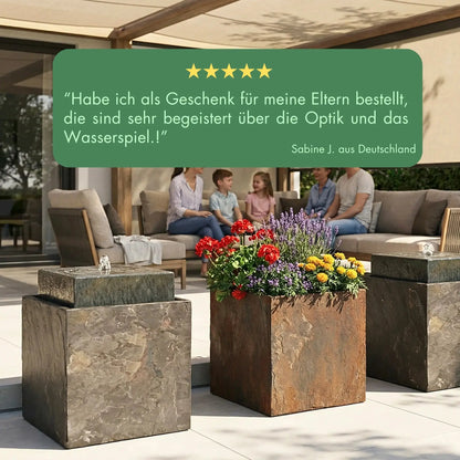 VIDA 40 Rusty – Springbrunnen edel eckig Naturschiefer Braun, Vogeltränke, stimmungsvolle LED, 38 x 38 x 48 cm, 36 kg - CLIMAQUA