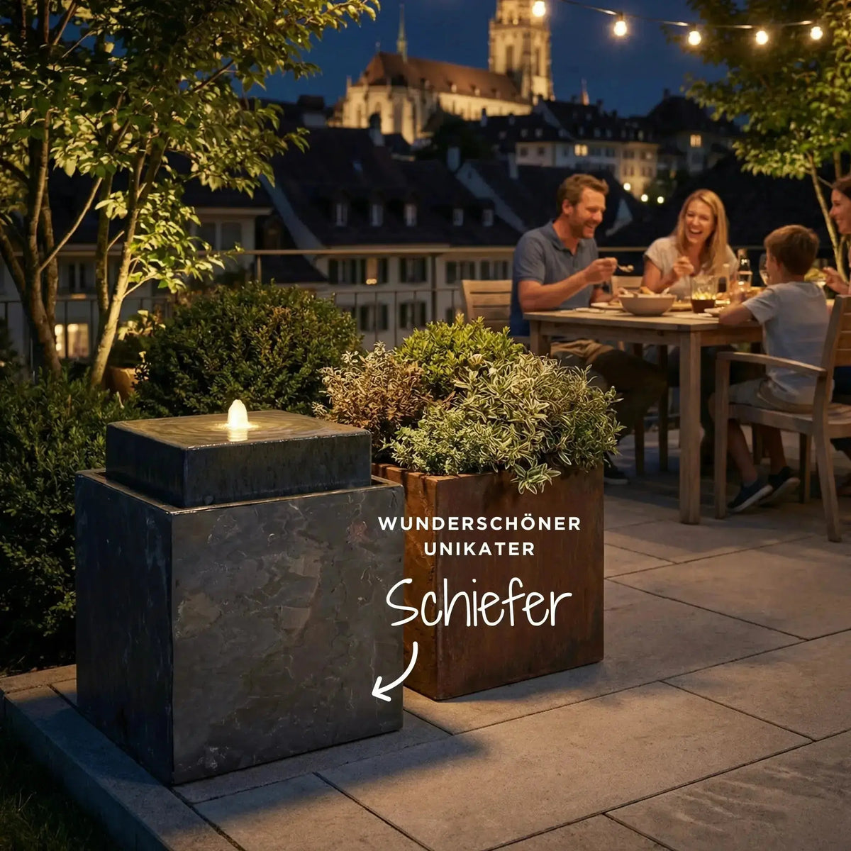 VIDA 40 Rusty – Springbrunnen edel eckig Naturschiefer Braun, Vogeltränke, stimmungsvolle LED, 38 x 38 x 48 cm, 36 kg - CLIMAQUA