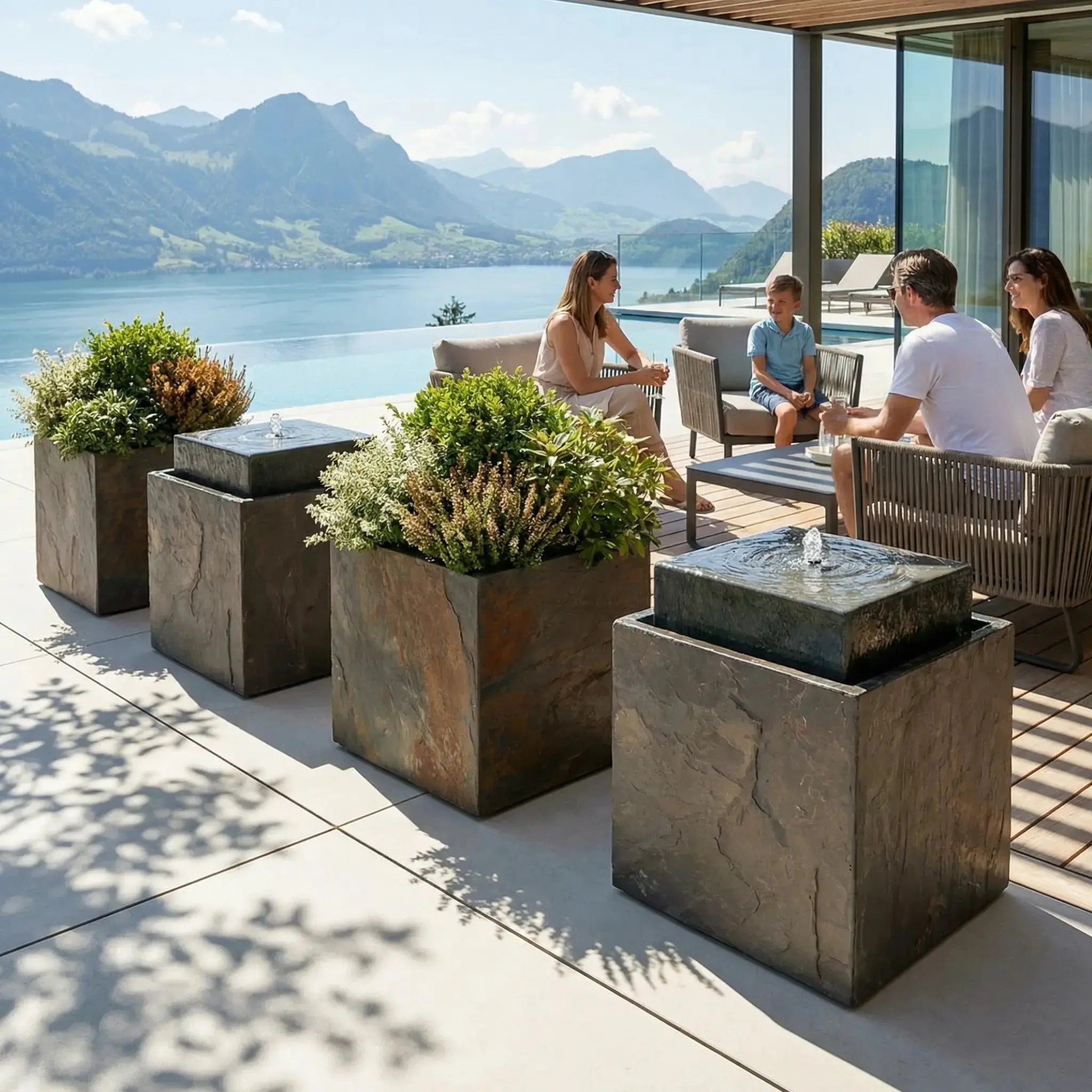 VIDA 40 Rusty – Springbrunnen edel eckig Naturschiefer Braun, Vogeltränke, stimmungsvolle LED, 38 x 38 x 48 cm, 36 kg - CLIMAQUA