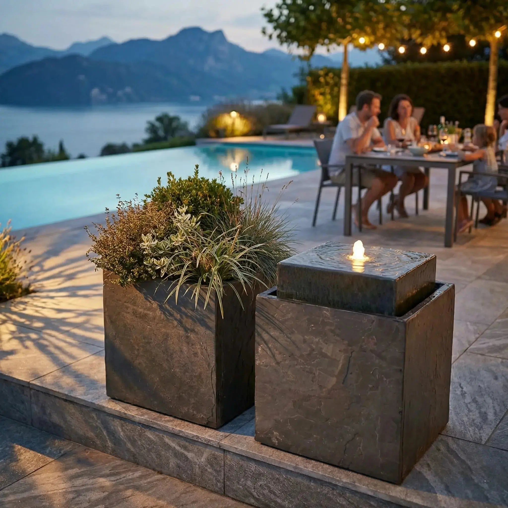 VIDA 40 Rusty – Springbrunnen edel eckig Naturschiefer Braun, Vogeltränke, stimmungsvolle LED, 38 x 38 x 48 cm, 36 kg - CLIMAQUA