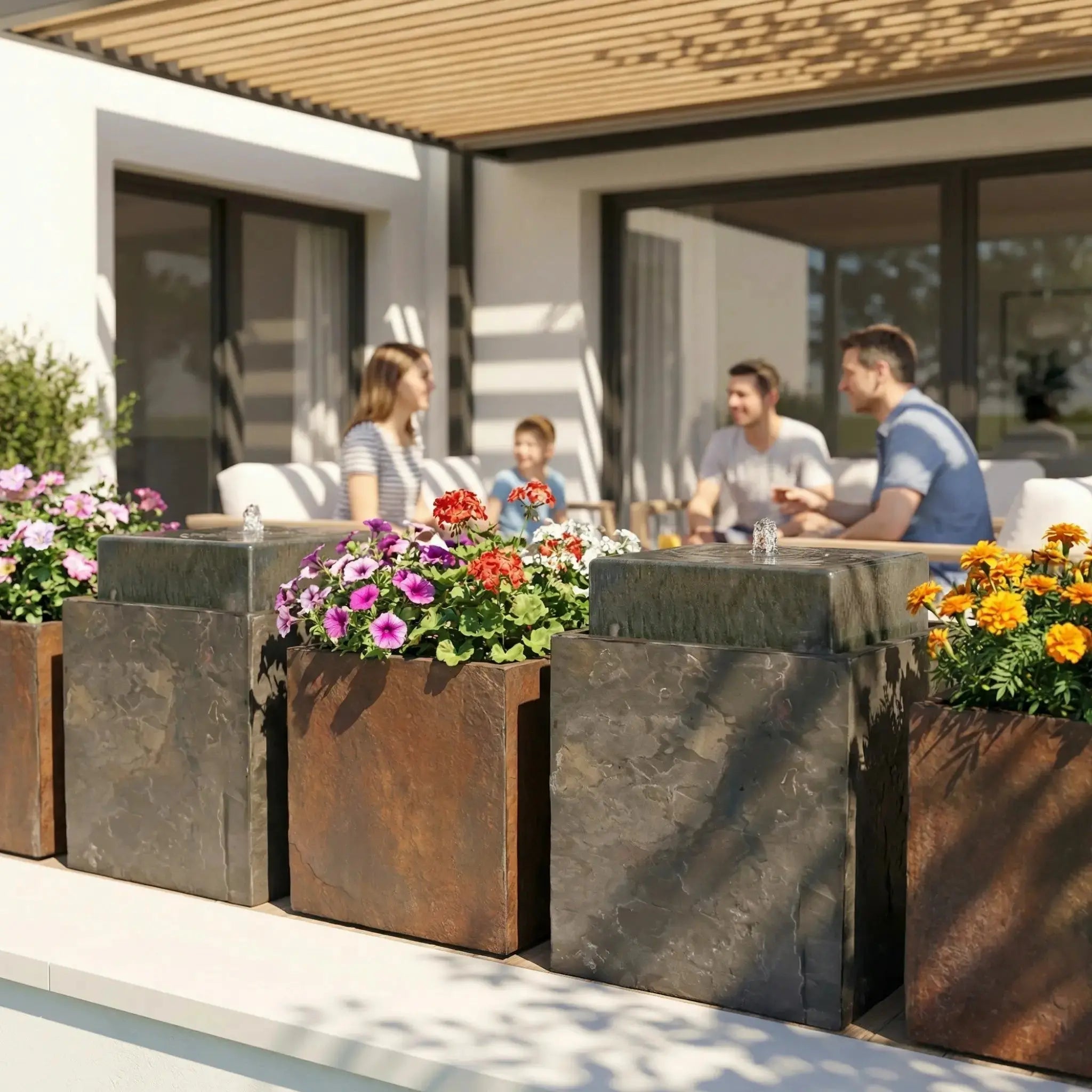 VIDA 40 Rusty – Springbrunnen edel eckig Naturschiefer Braun, Vogeltränke, stimmungsvolle LED, 38 x 38 x 48 cm, 36 kg - CLIMAQUA