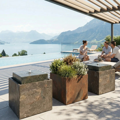 VIDA 40 Rusty – Springbrunnen edel eckig Naturschiefer Braun, Vogeltränke, stimmungsvolle LED, 38 x 38 x 48 cm, 36 kg - CLIMAQUA