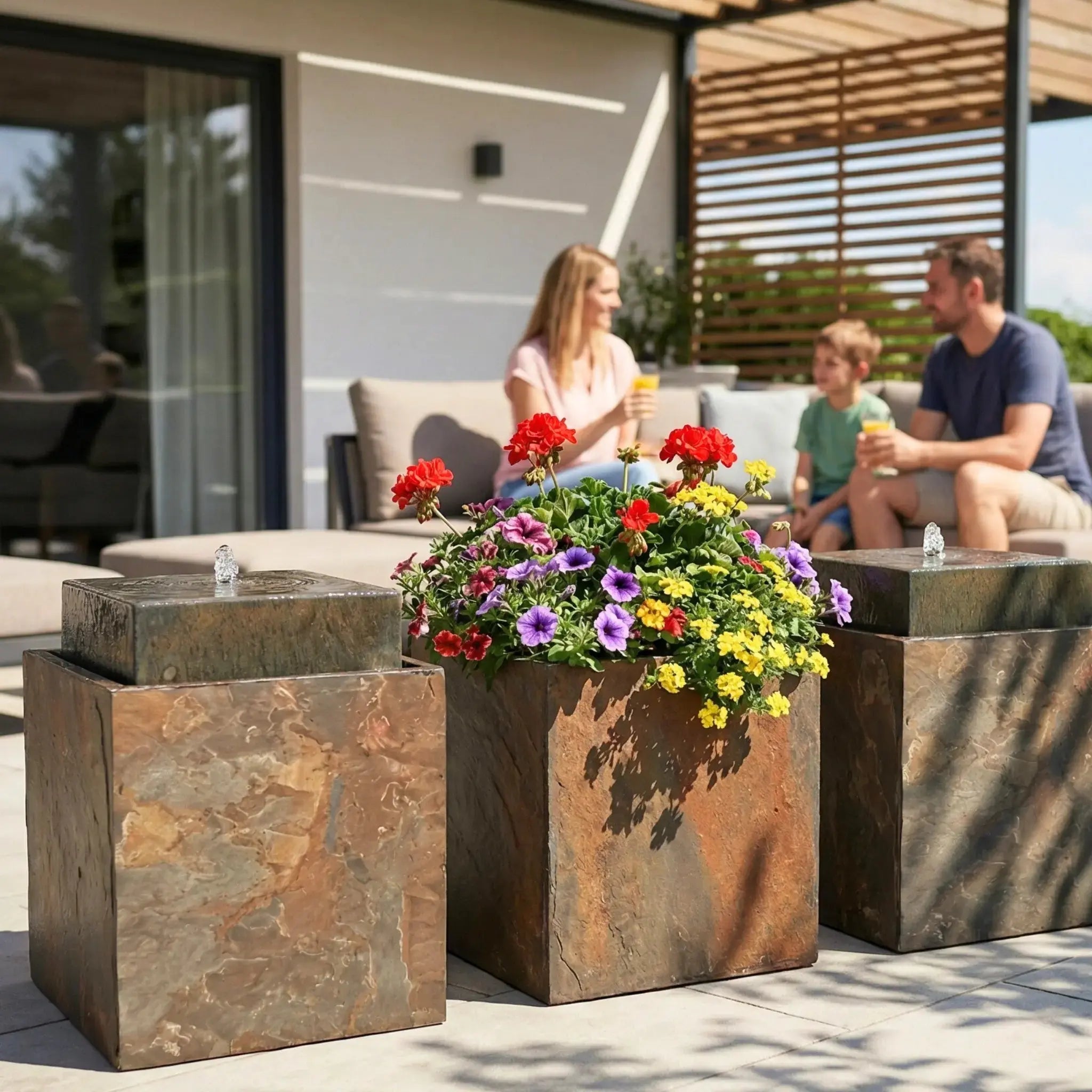 VIDA 40 Rusty – Springbrunnen edel eckig Naturschiefer Braun, Vogeltränke, stimmungsvolle LED, 38 x 38 x 48 cm, 36 kg - CLIMAQUA