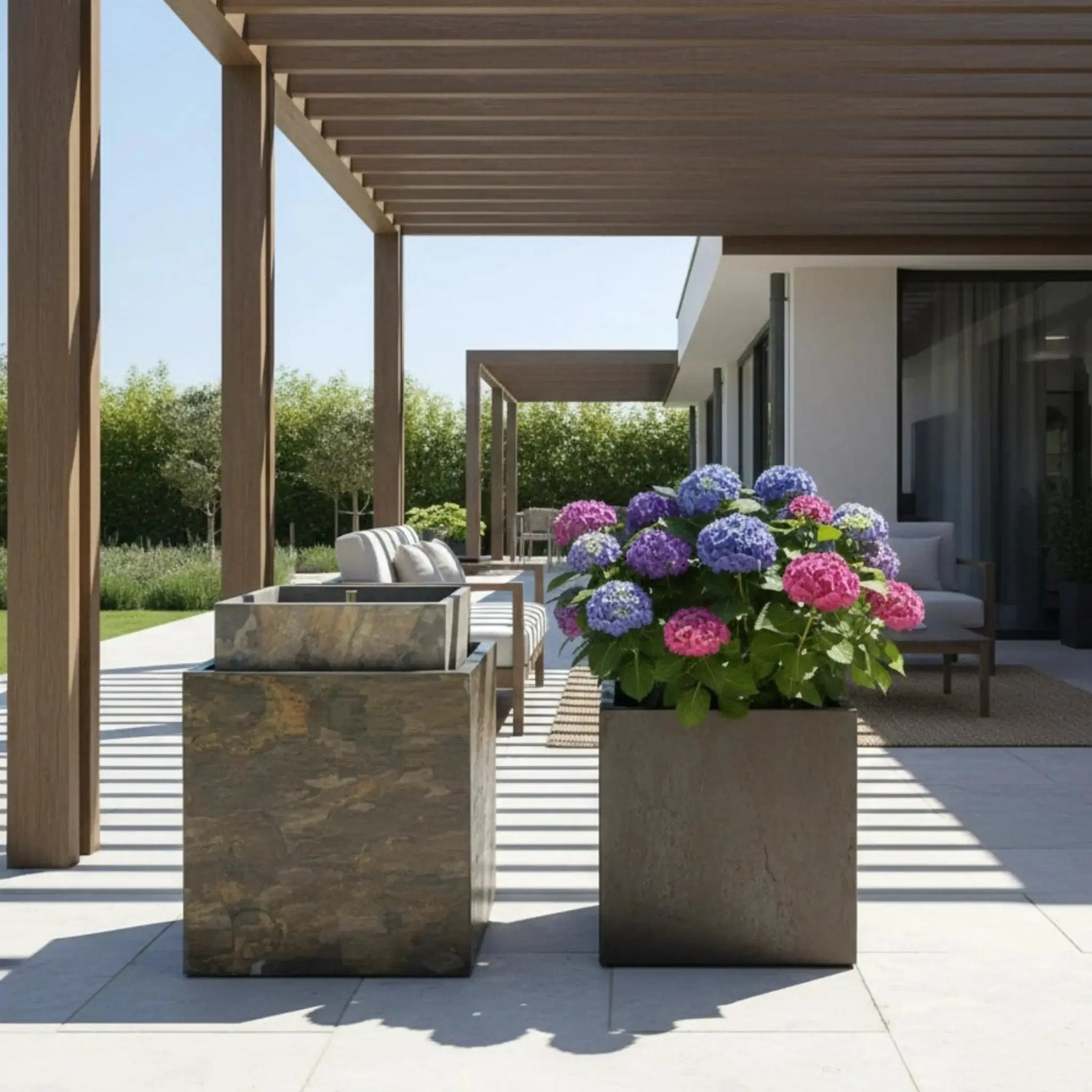 VIDA 40 Rusty – Springbrunnen edel eckig Naturschiefer Braun, Vogeltränke, stimmungsvolle LED, 38 x 38 x 48 cm, 36 kg - CLIMAQUA