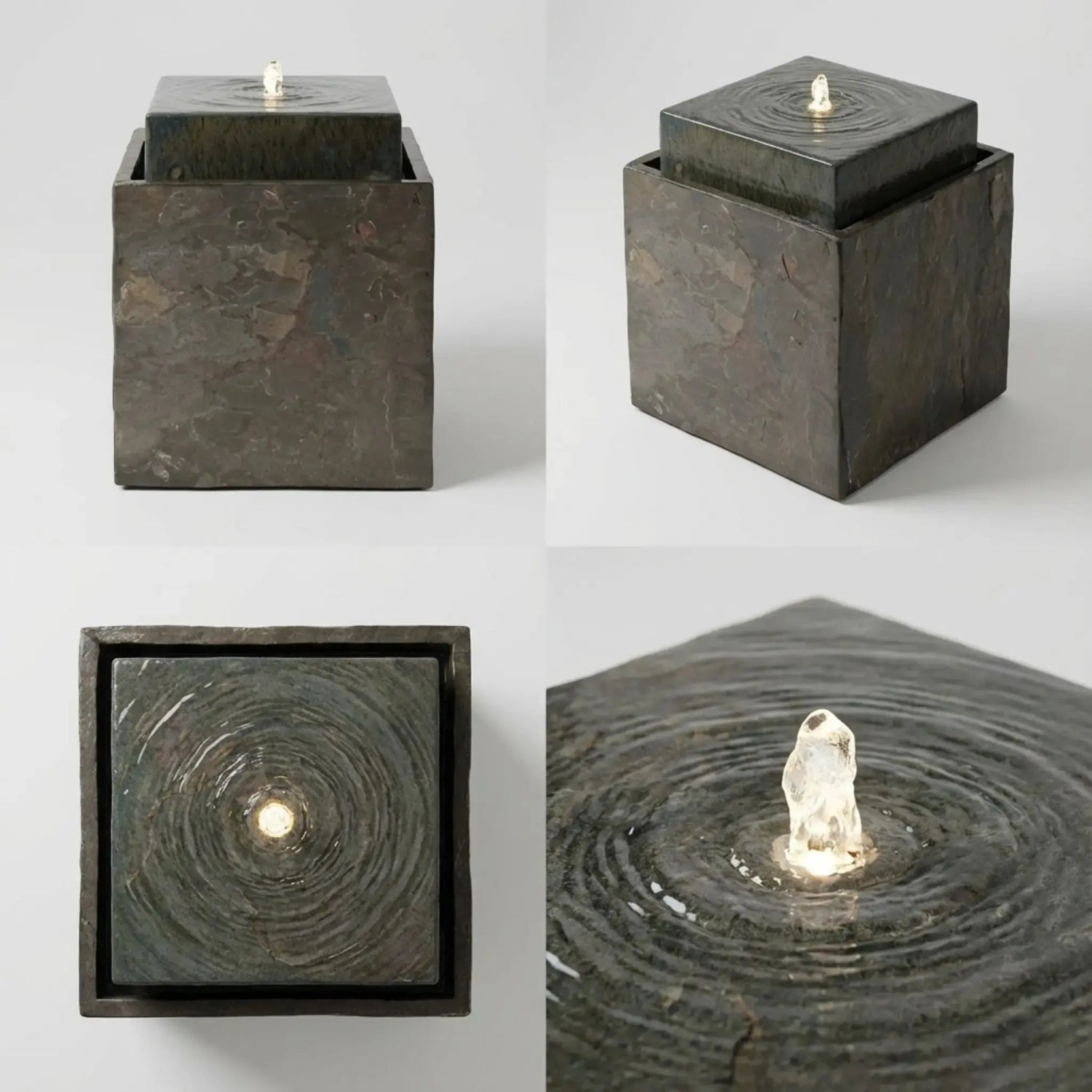 VIDA 40 Rusty – Springbrunnen edel eckig Naturschiefer Braun, Vogeltränke, stimmungsvolle LED, 38 x 38 x 48 cm, 36 kg - CLIMAQUA