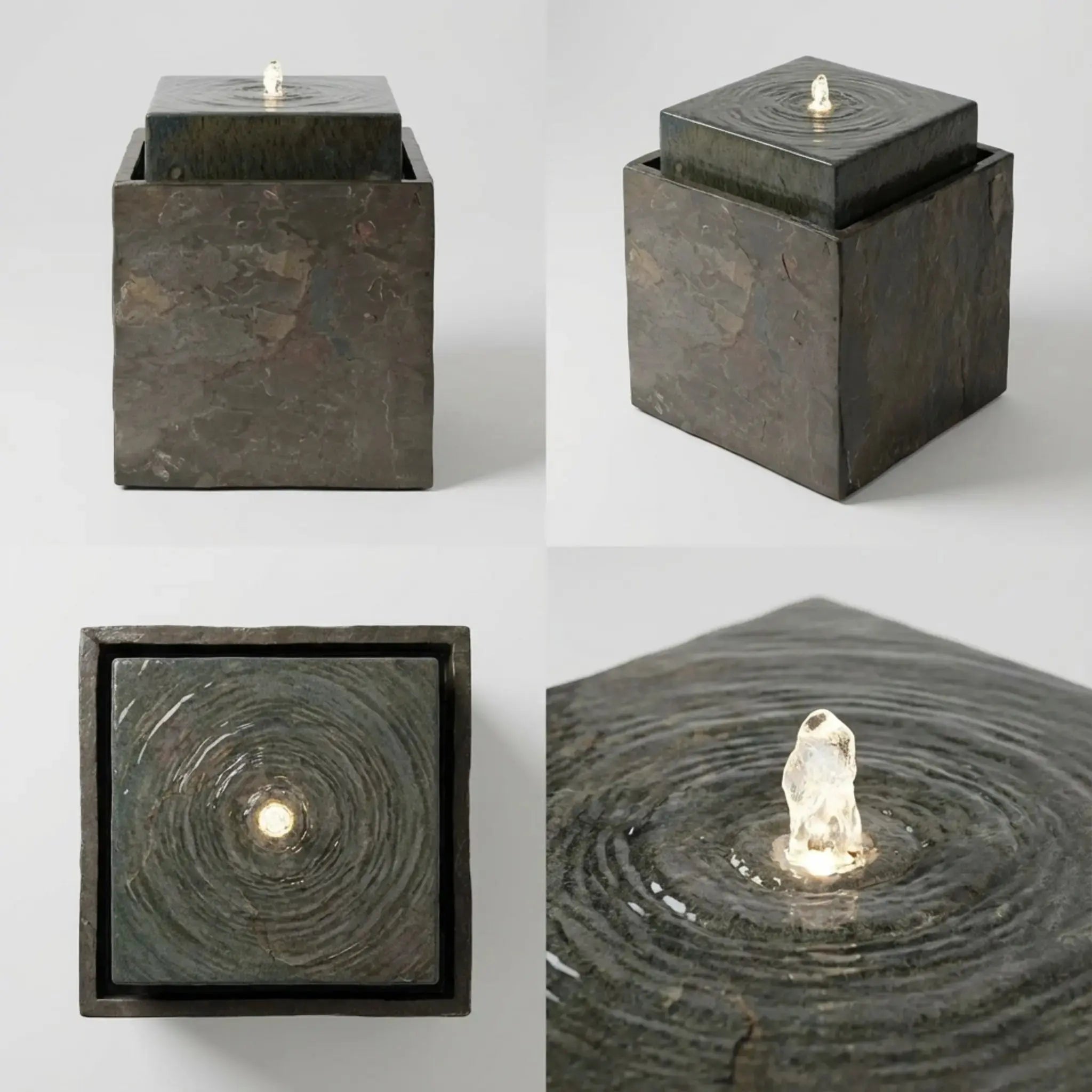 VIDA 40 Rusty – Springbrunnen edel eckig Naturschiefer Braun, Vogeltränke, stimmungsvolle LED, 38 x 38 x 48 cm, 36 kg - CLIMAQUA