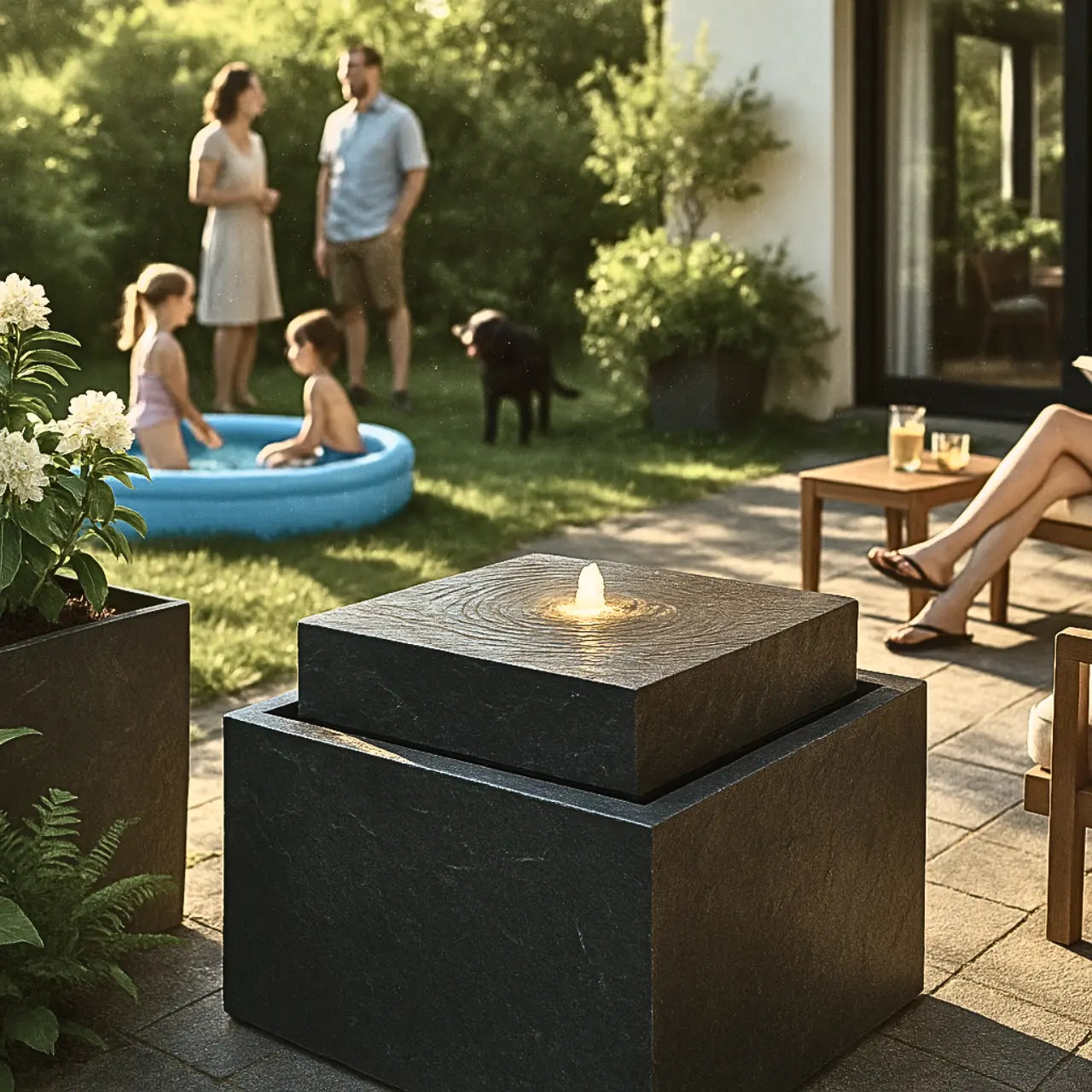 VIDA 60 Anthrazit – Gartenbrunnen modern Naturschiefer Schwarz, Vogeltränke, beleuchteter Wassersprudel, 57 x 57 x 50 cm, 60 kg - CLIMAQUA