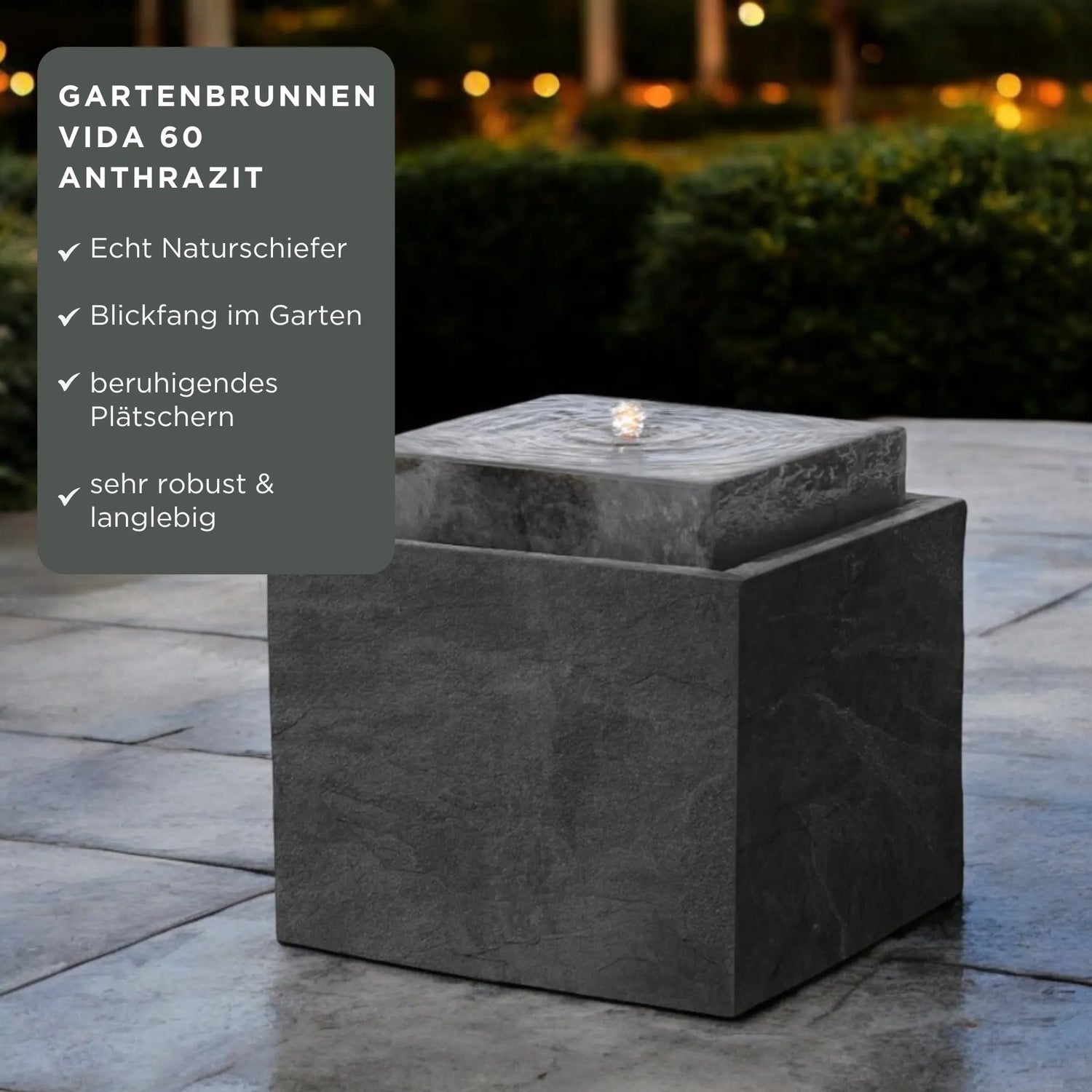VIDA 60 Anthrazit – Gartenbrunnen modern Naturschiefer Schwarz, Vogeltränke, beleuchteter Wassersprudel, 57 x 57 x 50 cm, 60 kg - CLIMAQUA