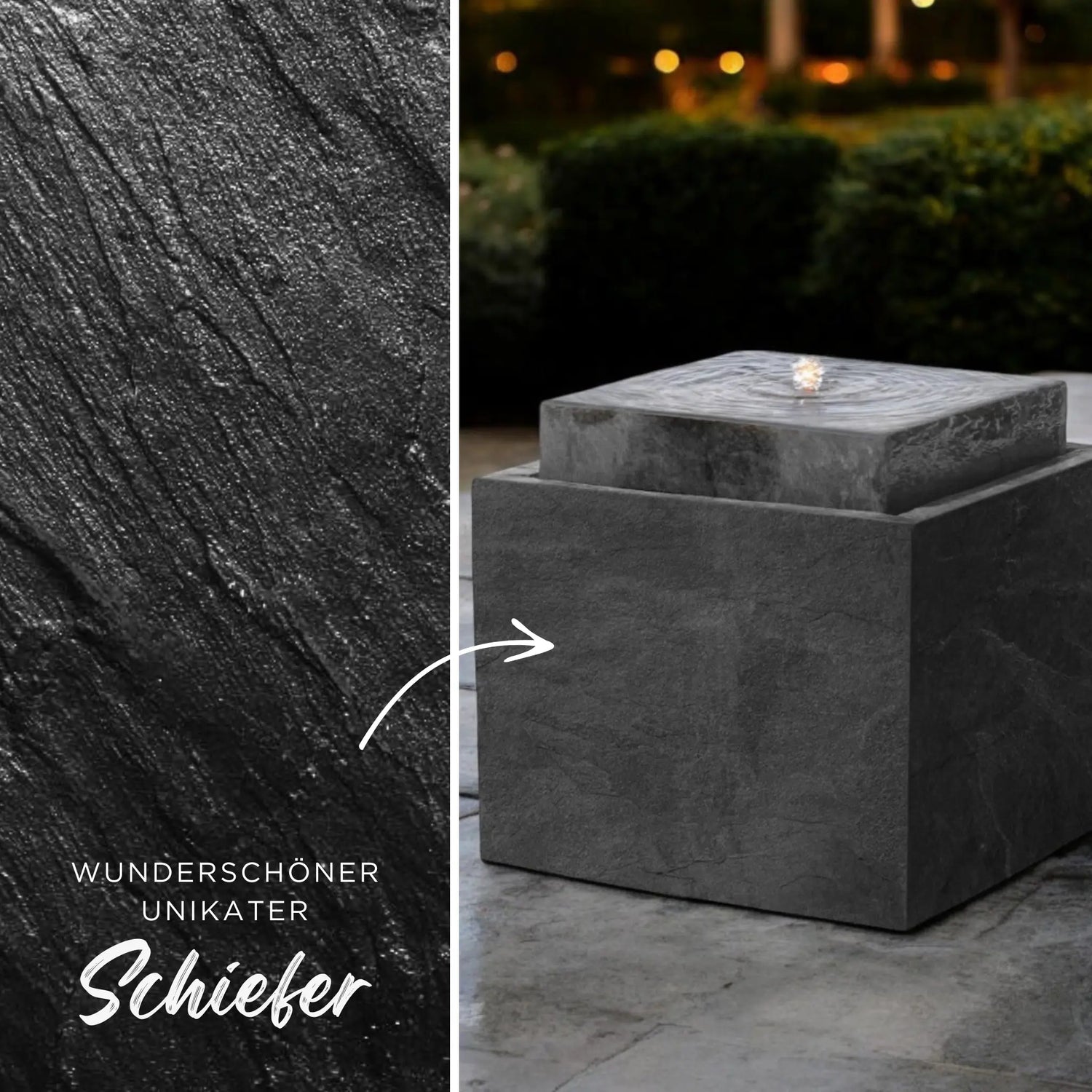 VIDA 60 Anthrazit – Gartenbrunnen modern Naturschiefer Schwarz, Vogeltränke, beleuchteter Wassersprudel, 57 x 57 x 50 cm, 60 kg - CLIMAQUA
