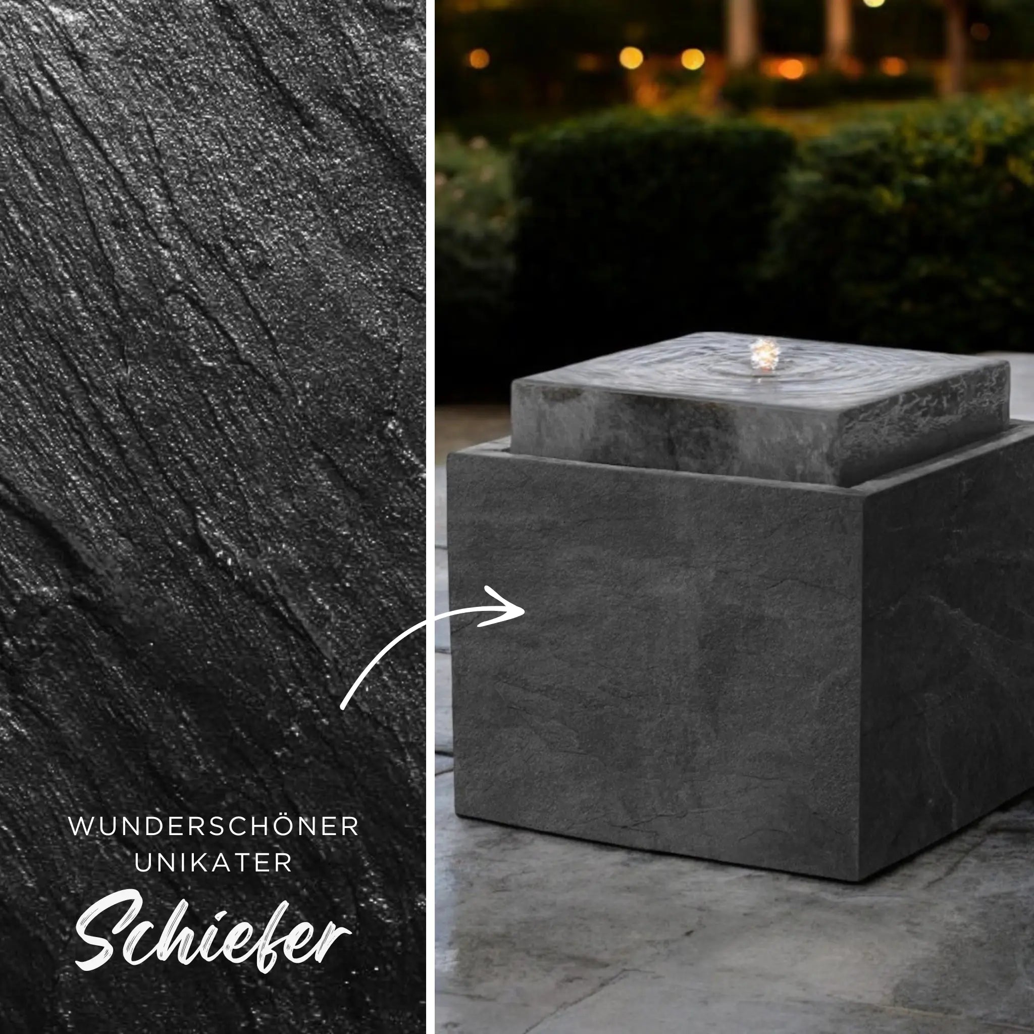 VIDA 60 Anthrazit – Gartenbrunnen modern Naturschiefer Schwarz, Vogeltränke, beleuchteter Wassersprudel, 57 x 57 x 50 cm, 60 kg - CLIMAQUA