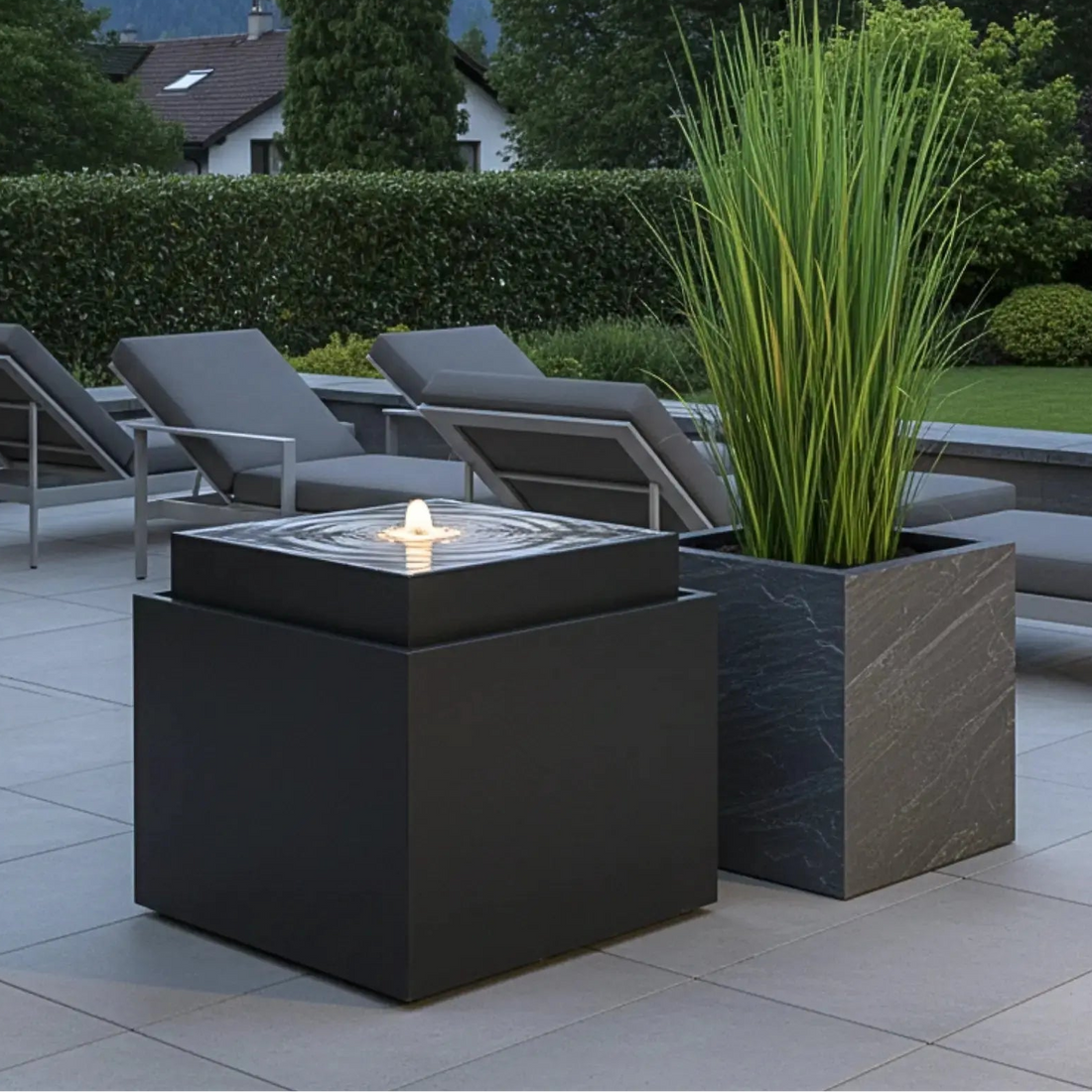 VIDA 60 Anthrazit – Gartenbrunnen modern Naturschiefer Schwarz, Vogeltränke, beleuchteter Wassersprudel, 57 x 57 x 50 cm, 60 kg - CLIMAQUA