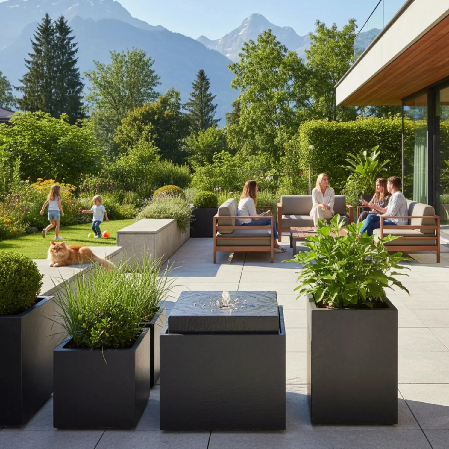 VIDA 60 Anthrazit – Gartenbrunnen modern Naturschiefer Schwarz, Vogeltränke, beleuchteter Wassersprudel, 57 x 57 x 50 cm, 60 kg - CLIMAQUA