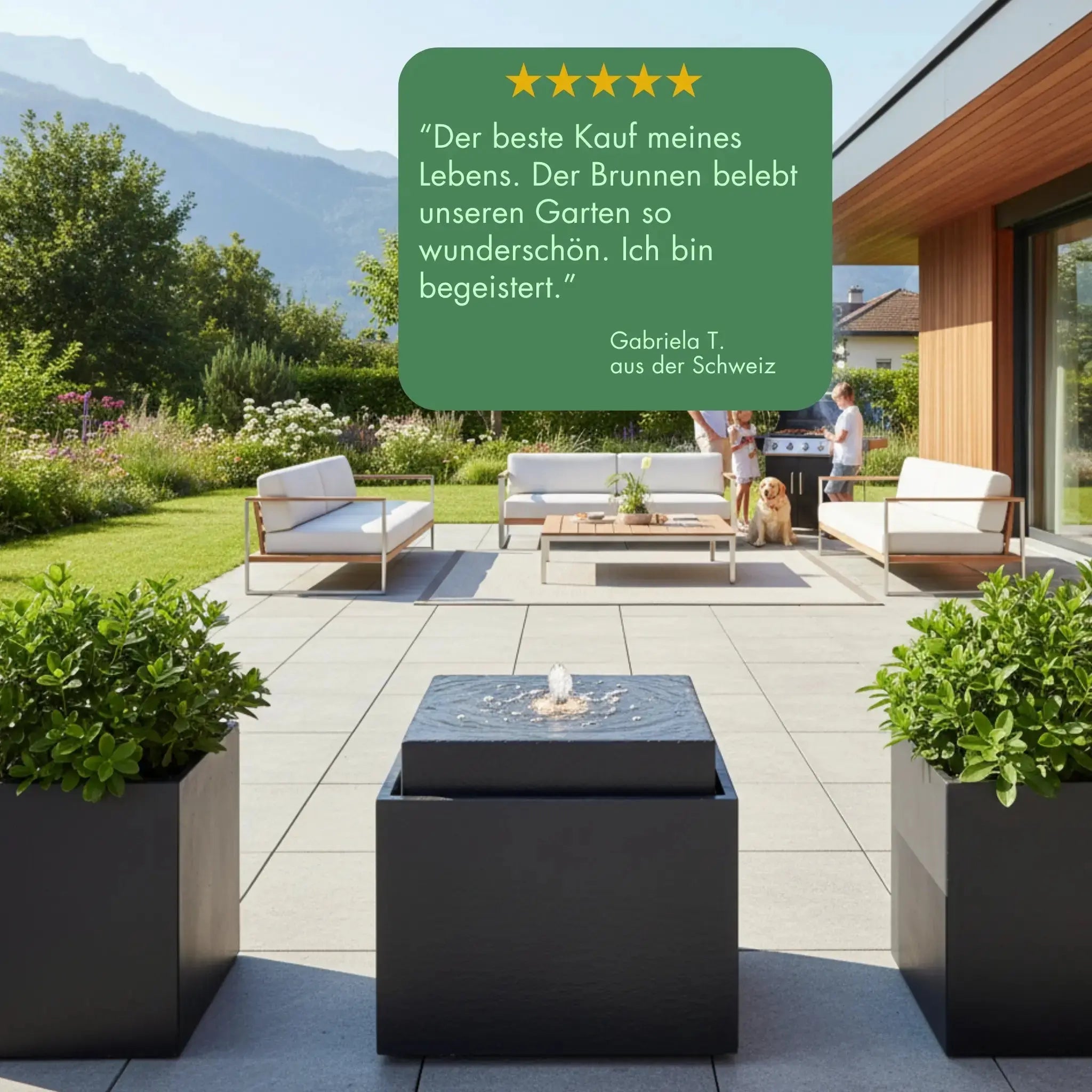 VIDA 60 Anthrazit – Gartenbrunnen modern Naturschiefer Schwarz, Vogeltränke, beleuchteter Wassersprudel, 57 x 57 x 50 cm, 60 kg - CLIMAQUA