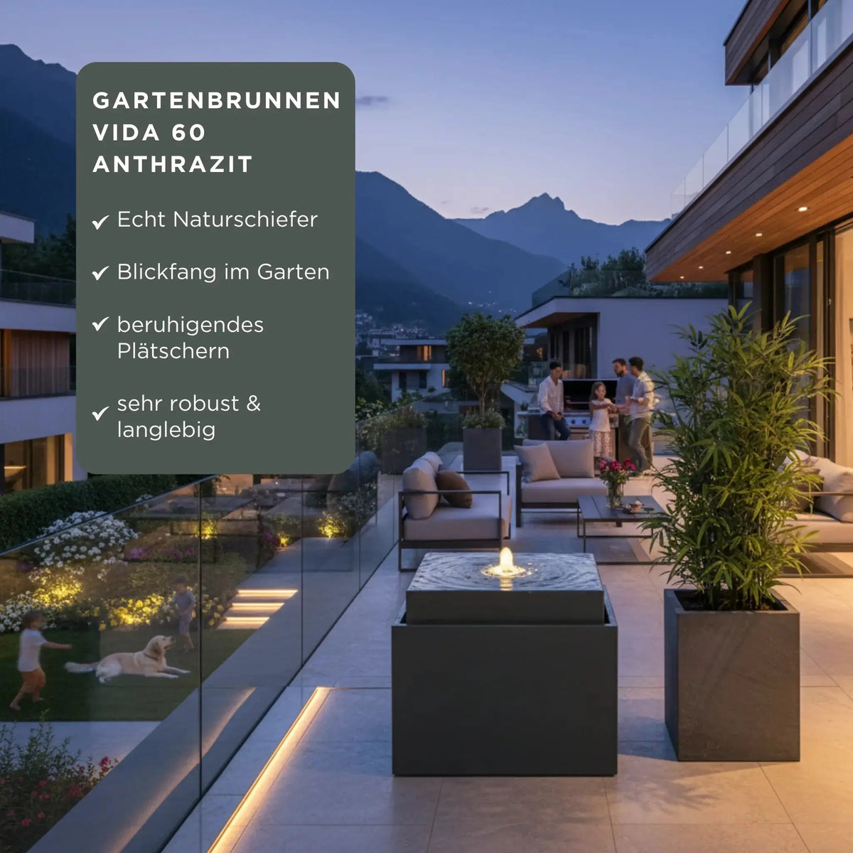 VIDA 60 Anthrazit – Gartenbrunnen modern Naturschiefer Schwarz, Vogeltränke, beleuchteter Wassersprudel, 57 x 57 x 50 cm, 60 kg - CLIMAQUA