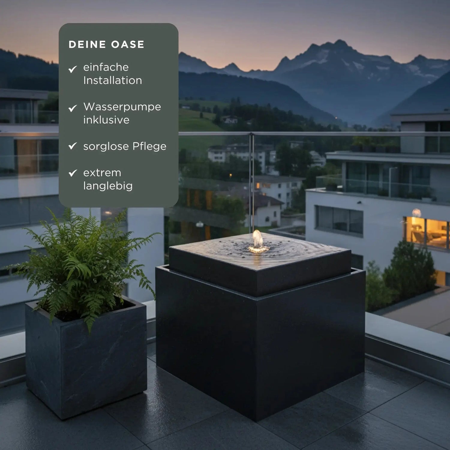 VIDA 60 Anthrazit – Gartenbrunnen modern Naturschiefer Schwarz, Vogeltränke, beleuchteter Wassersprudel, 57 x 57 x 50 cm, 60 kg - CLIMAQUA