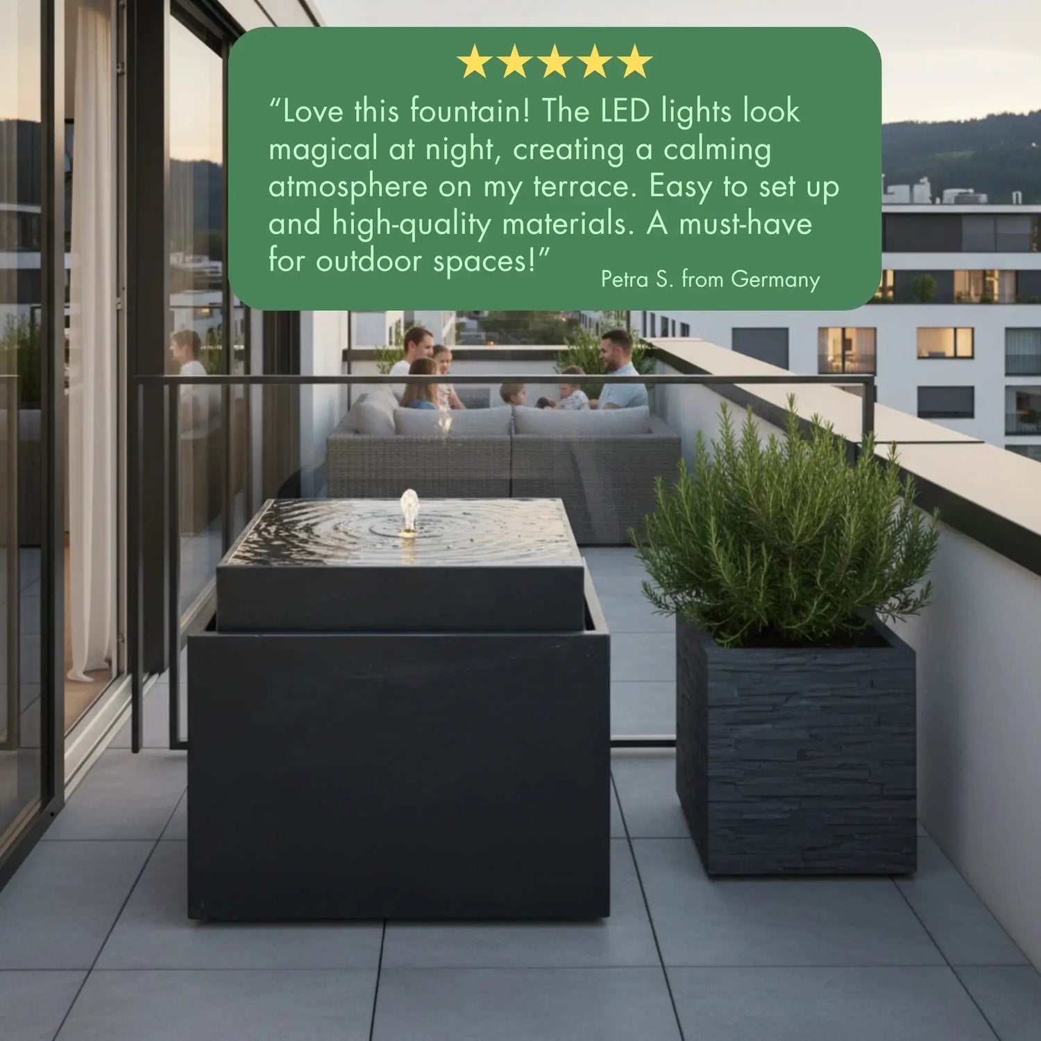 VIDA 60 Anthrazit – Gartenbrunnen modern Naturschiefer Schwarz, Vogeltränke, beleuchteter Wassersprudel, 57 x 57 x 50 cm, 60 kg - CLIMAQUA